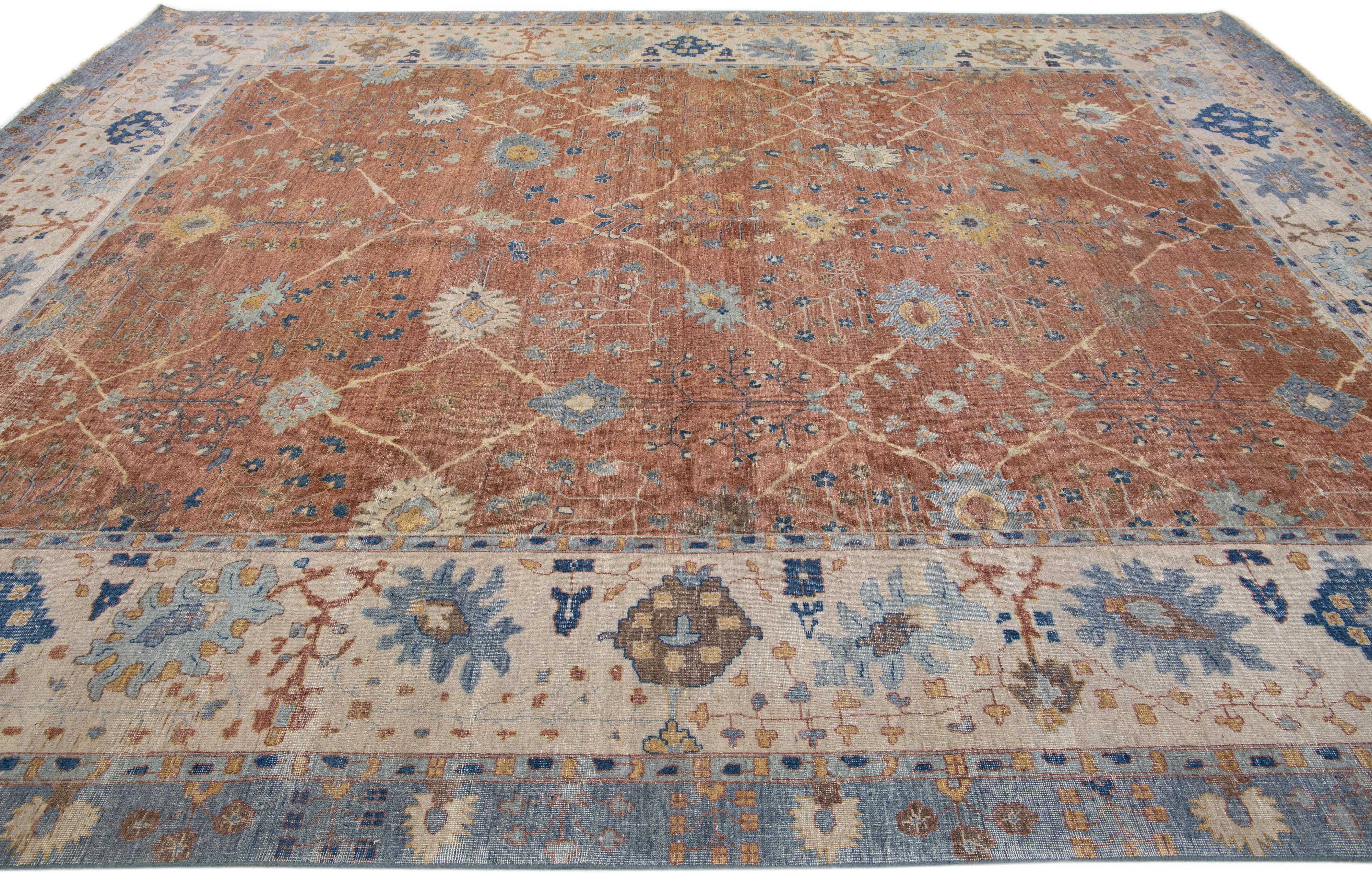 Hand-Knotted Modern Indian Tabriz Handmade Allover Wool Rug with Brown Field by Apadana For Sale