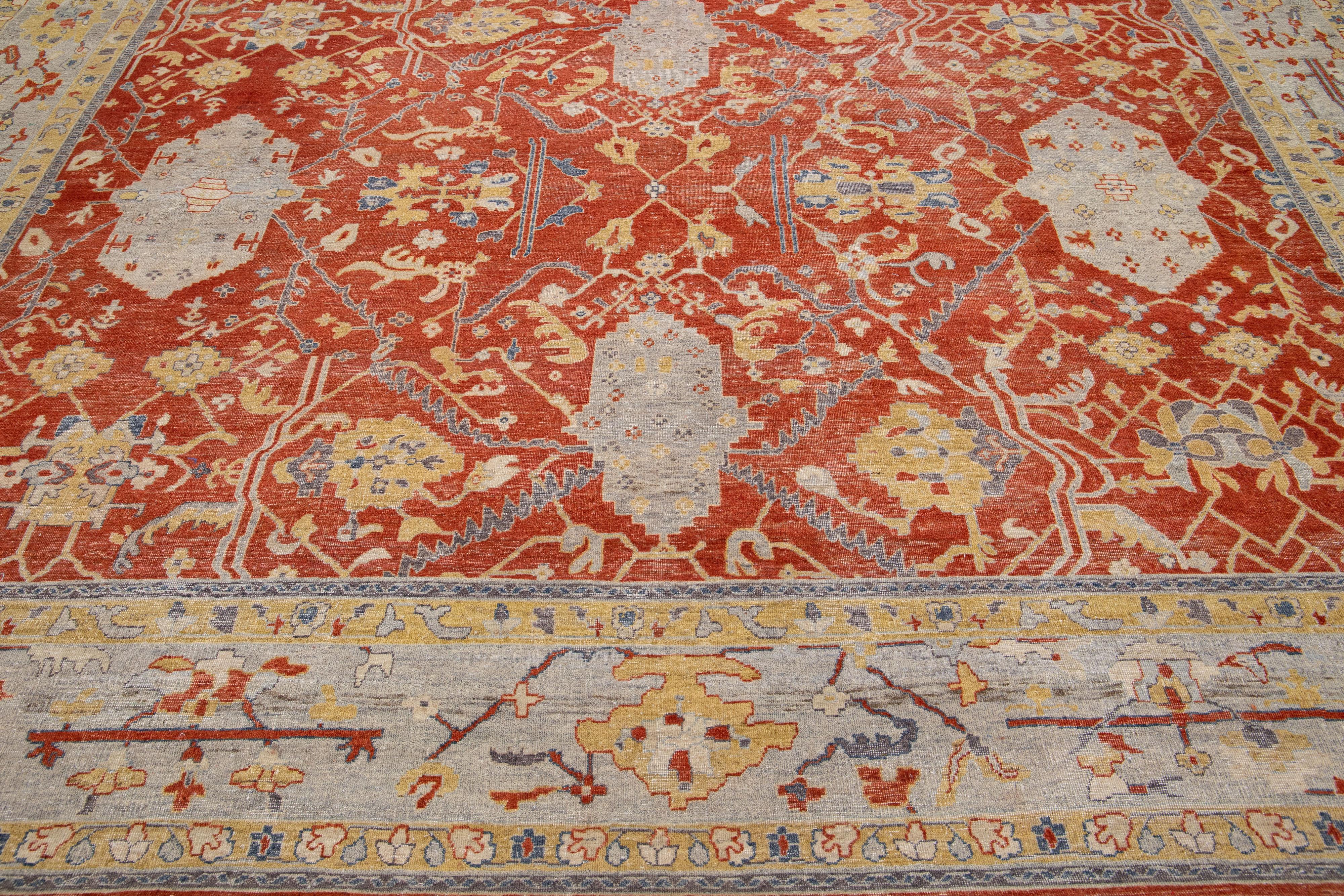 Hand-Knotted Modern Indian Tabriz Handmade Allover Wool Rug with Rust Field by Apadana For Sale