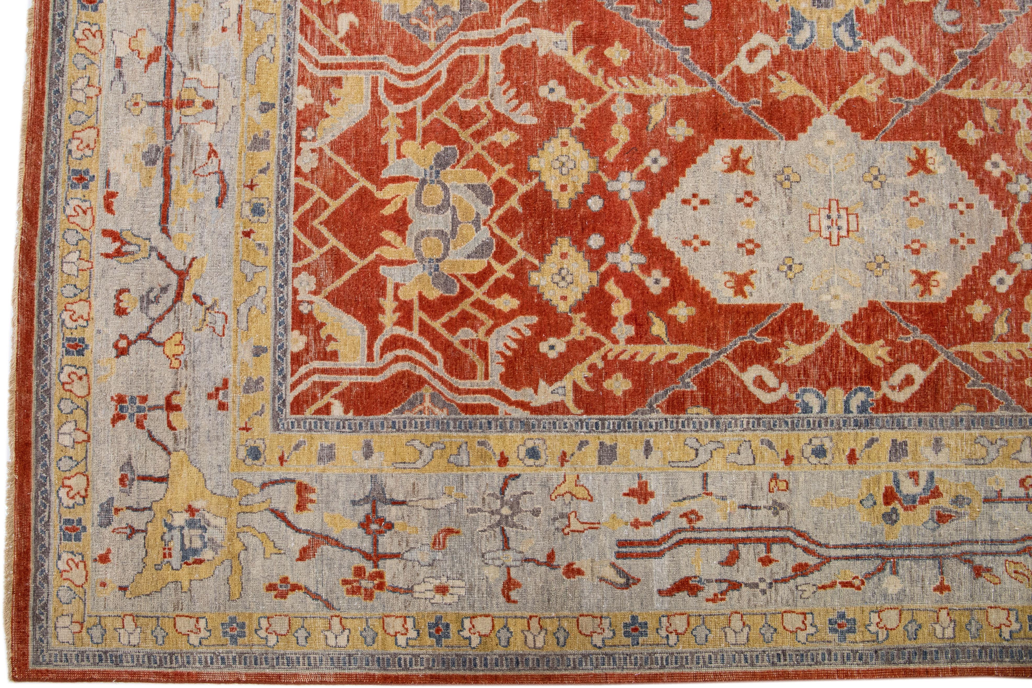 Annodato a mano Tappeto indiano moderno Tabriz fatto a mano in lana con campo di ruggine di Apadana in vendita
