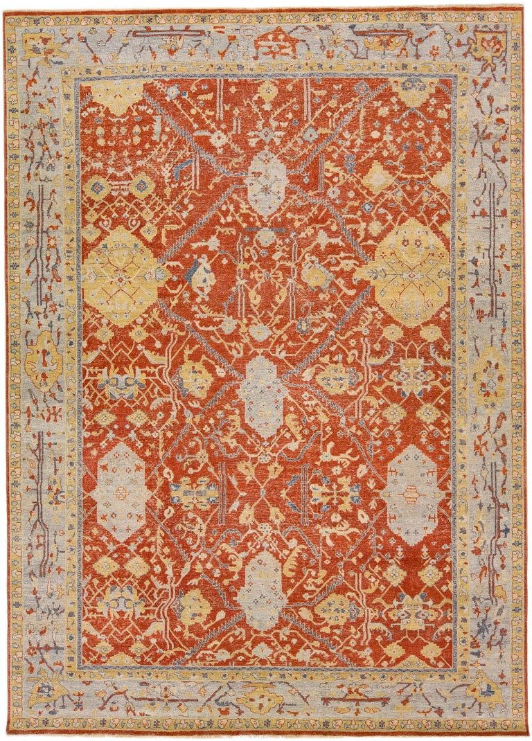 Indian Rug Horizontal Modern Indian Tabriz Handmade Rust Wool Rug With Floral Motif By ...