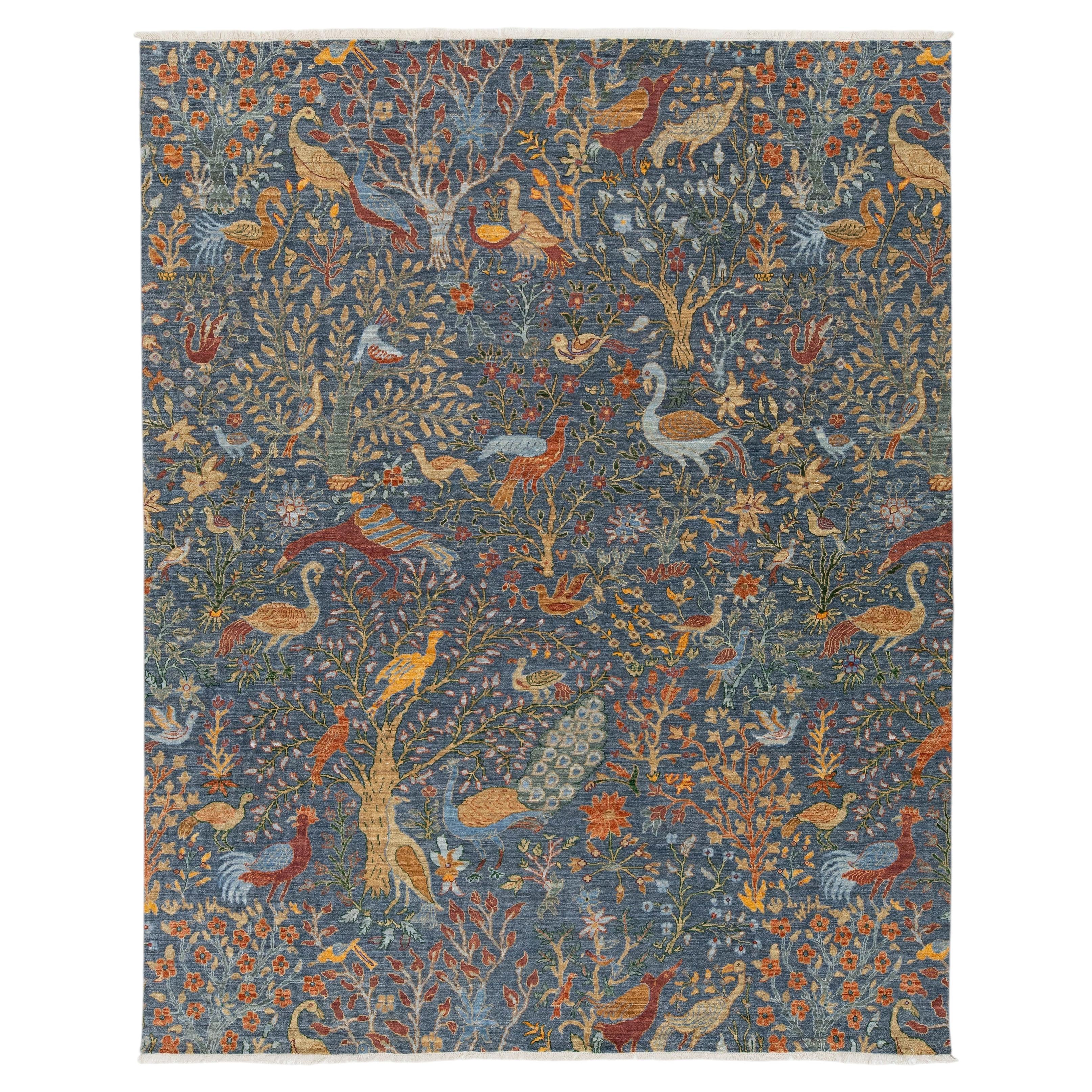 Modern Indian "Tree of Life" Hand-Knotted Wool Rug - Blue & Ochre Bird Motif