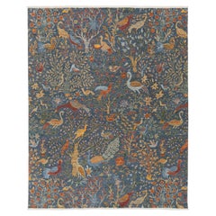 Modern Indian "Tree of Life" Hand-Knotted Wool Rug - Blue & Ochre Bird Motif