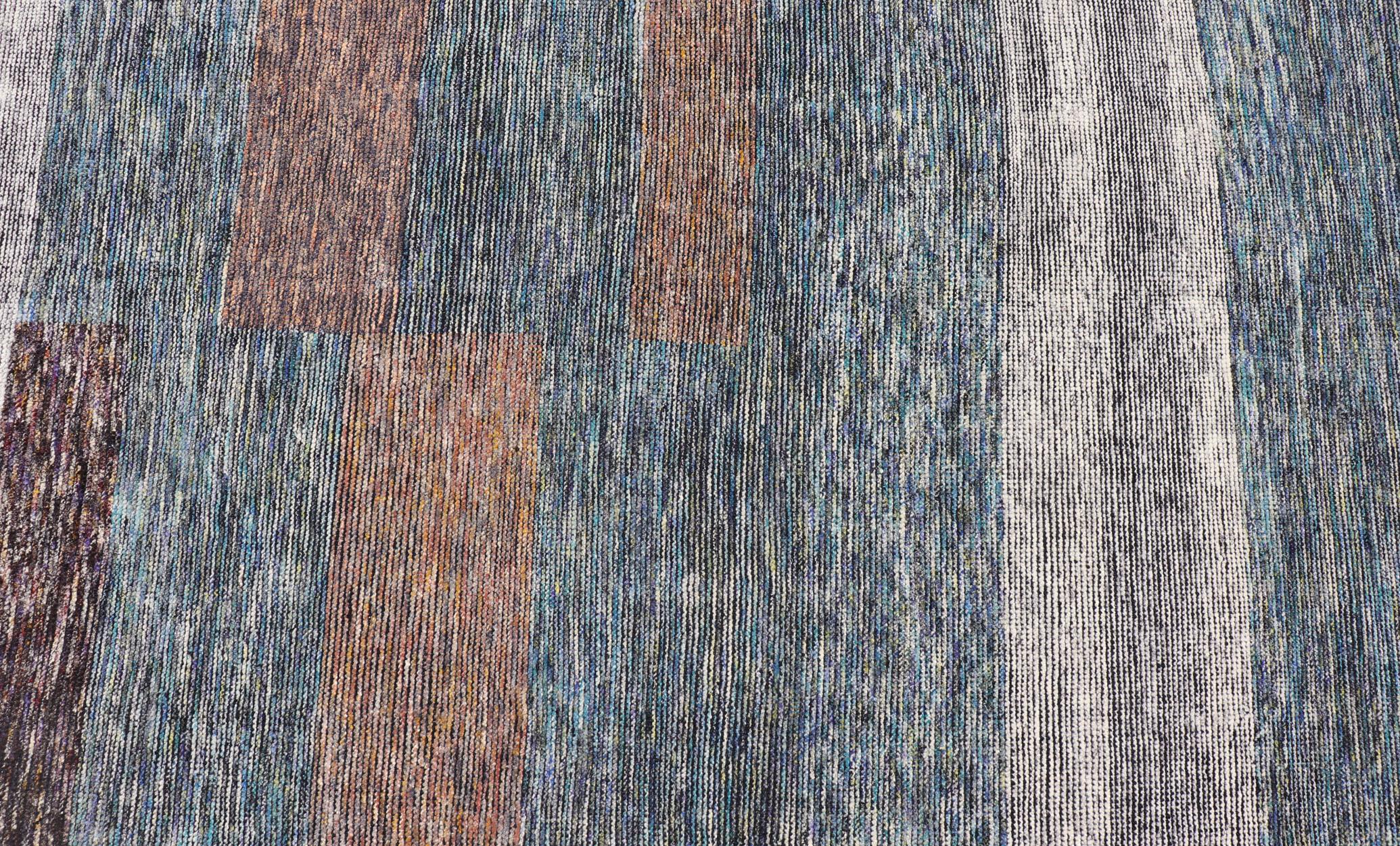 Modern Indian Wool Abstract Design Large Area Rug in Blues and Neutrals For Sale 12