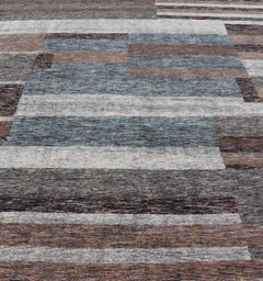 Modern Indian Wool Abstract Design Large Area Rug in Blues and Neutrals