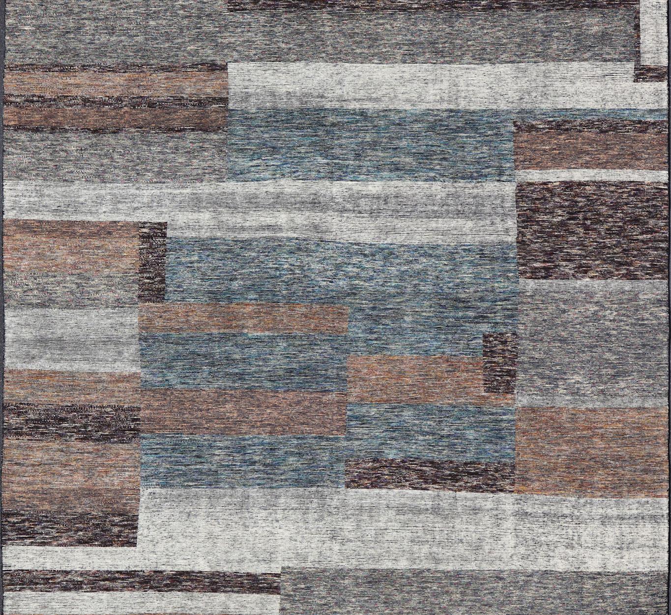 Contemporary Modern Indian Wool Abstract Design Large Area Rug in Blues and Neutrals For Sale
