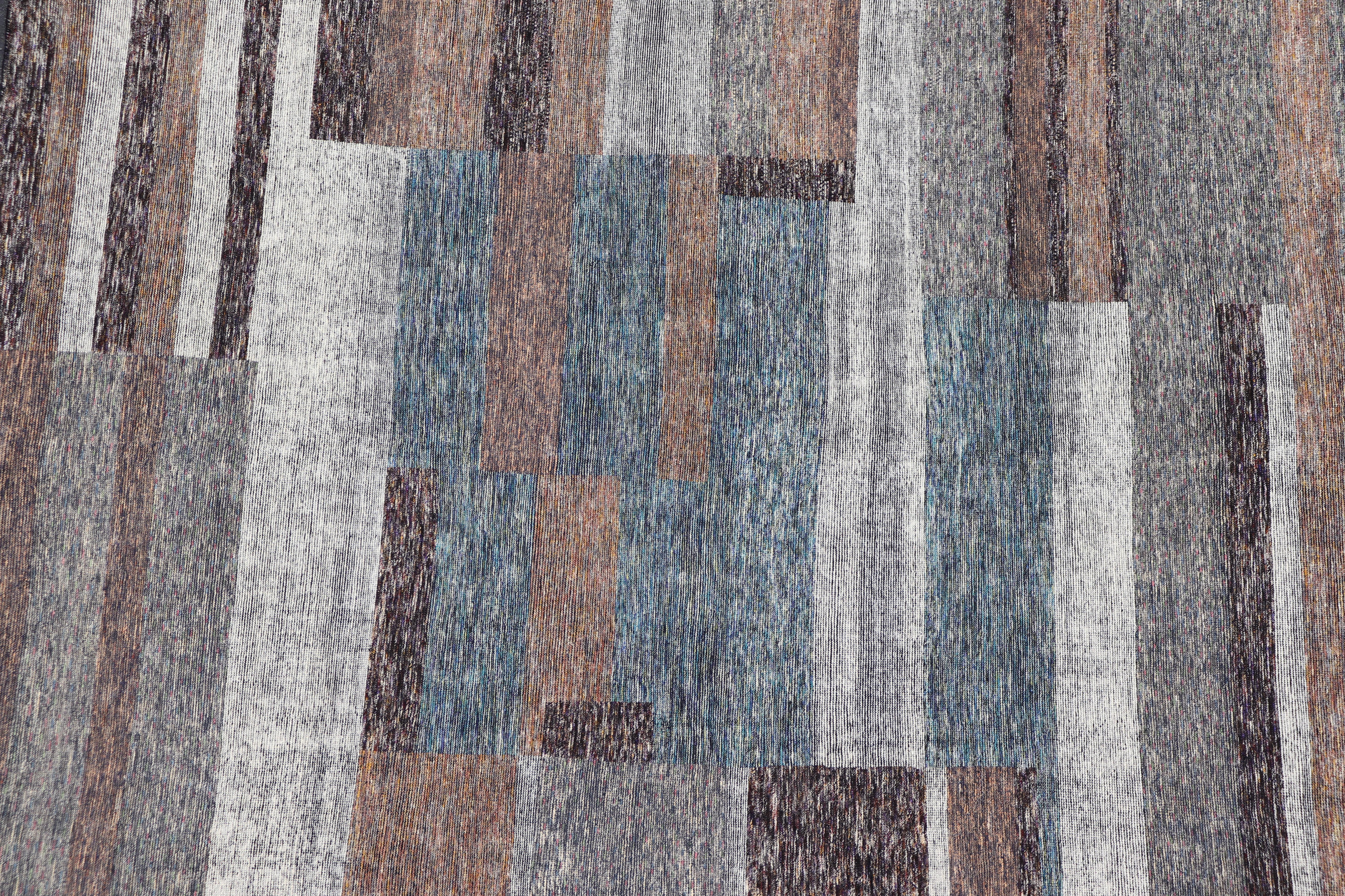 Modern Indian Wool Abstract Design Large Area Rug in Blues and Neutrals For Sale 2