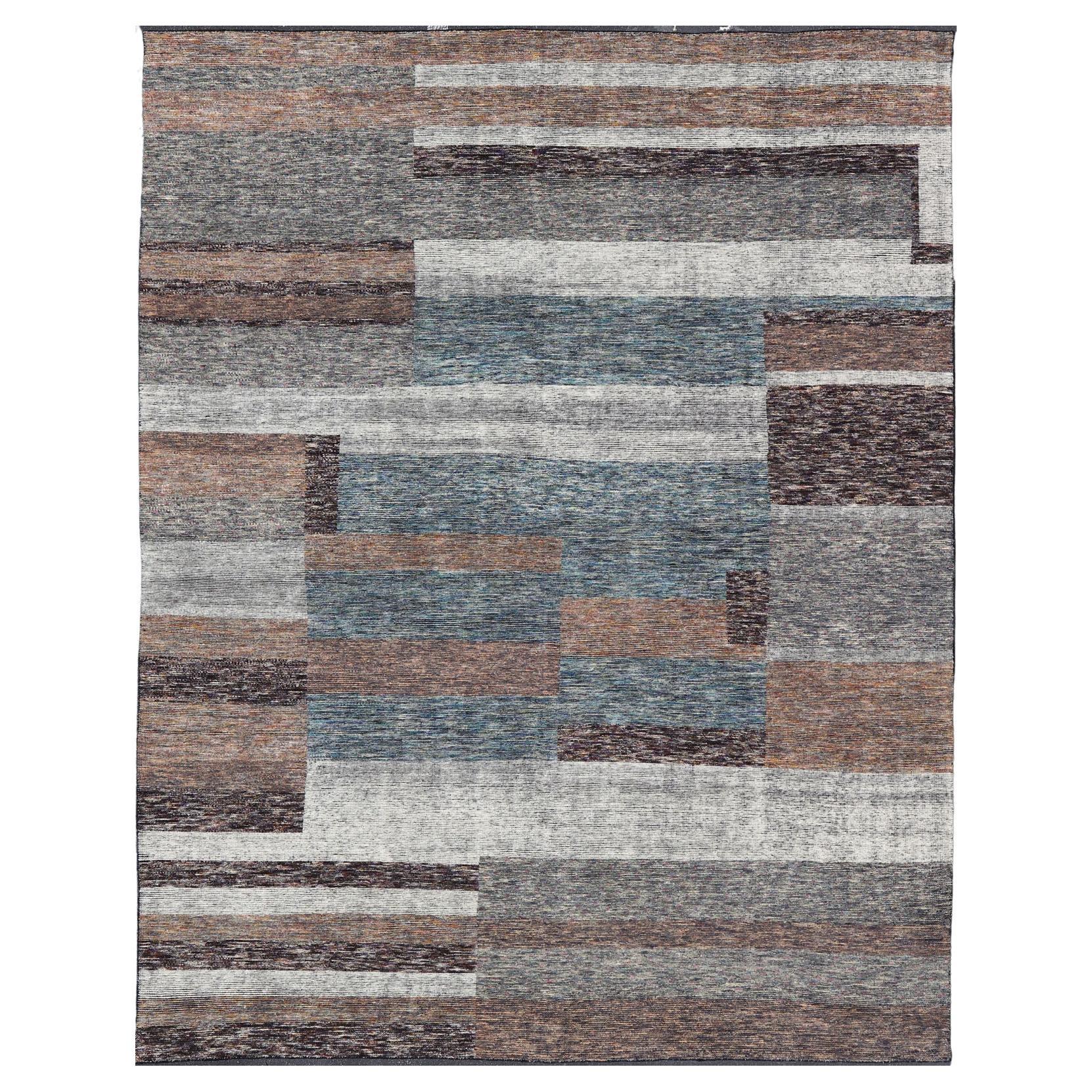 Modern Indian Wool Abstract Design Large Area Rug in Blues and Neutrals