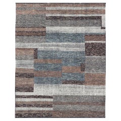 Modern Indian Wool Abstract Design Large Area Rug in Blues and Neutrals