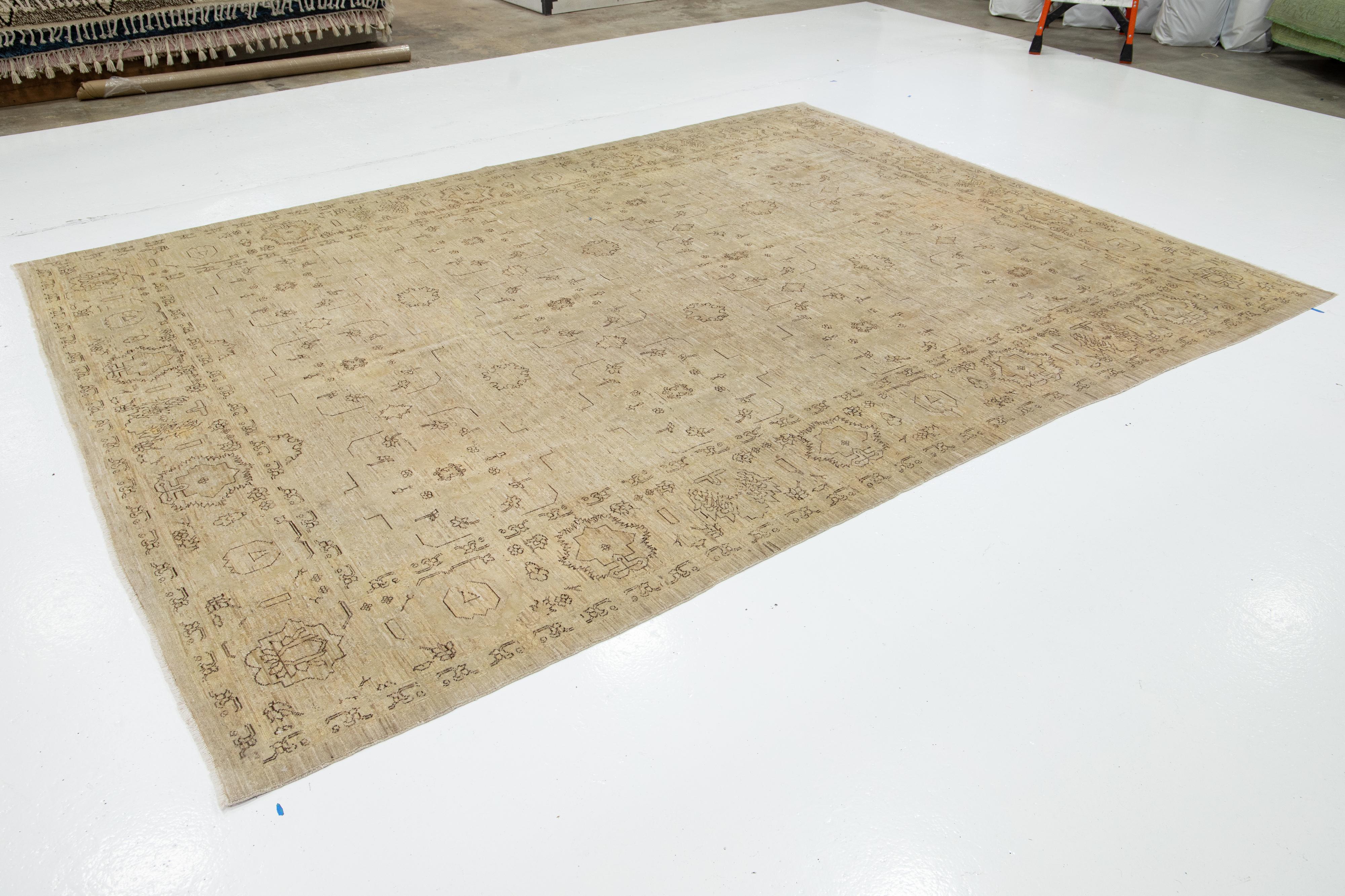 Contemporary Modern Indian Wool Rug Handmade In Neutral Tones With Allover Pattern For Sale