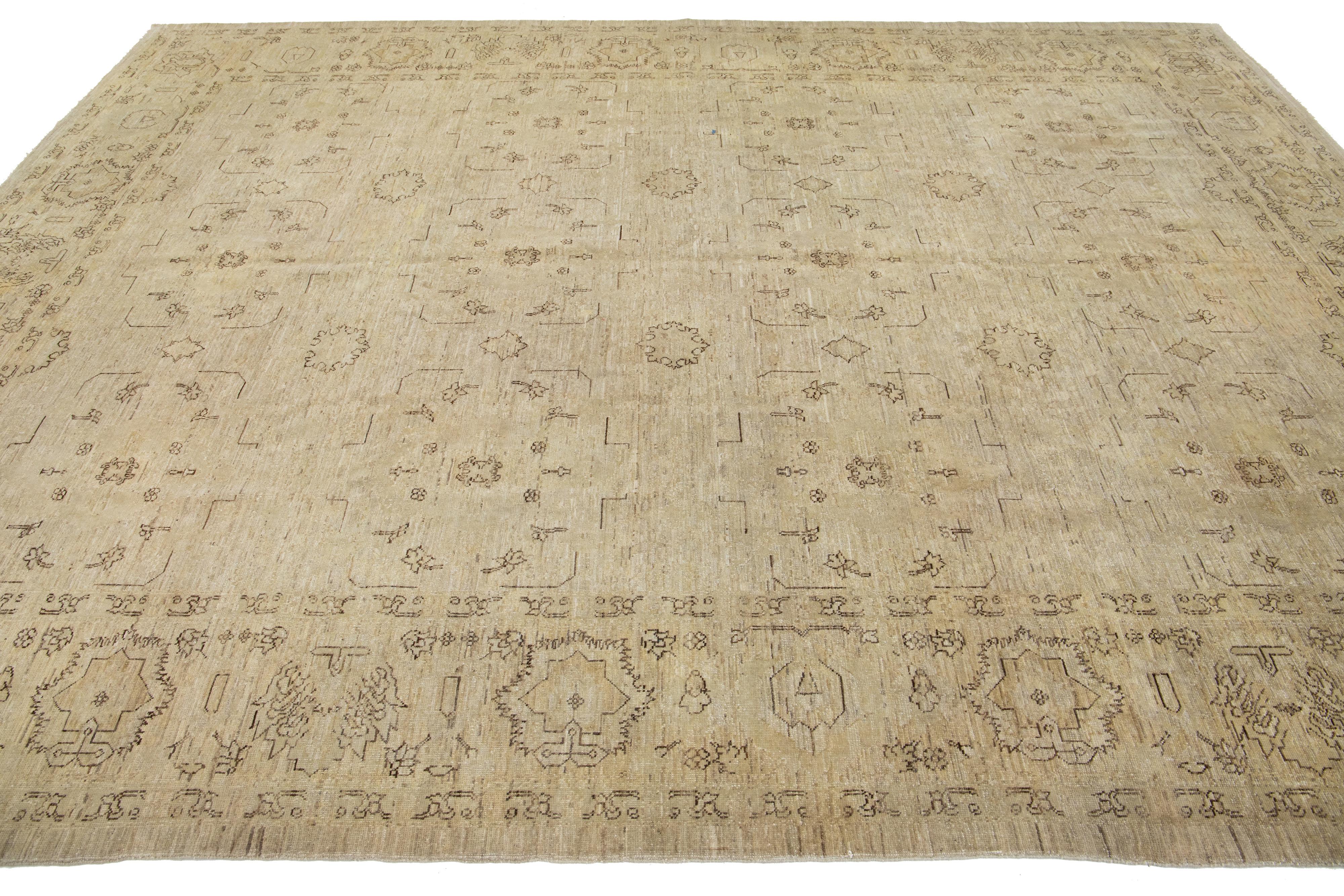 Modern Indian Wool Rug Handmade In Neutral Tones With Allover Pattern For Sale 2