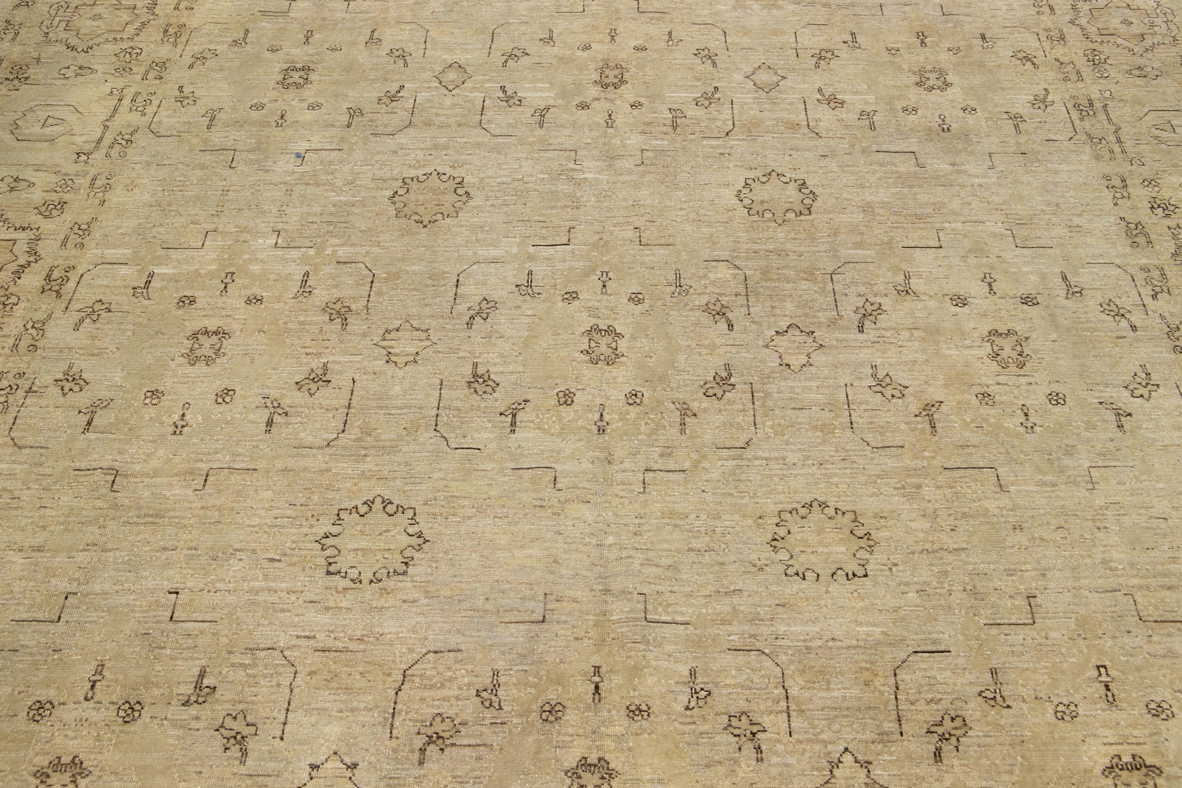 Modern Indian Wool Rug Handmade In Neutral Tones With Allover Pattern For Sale 4