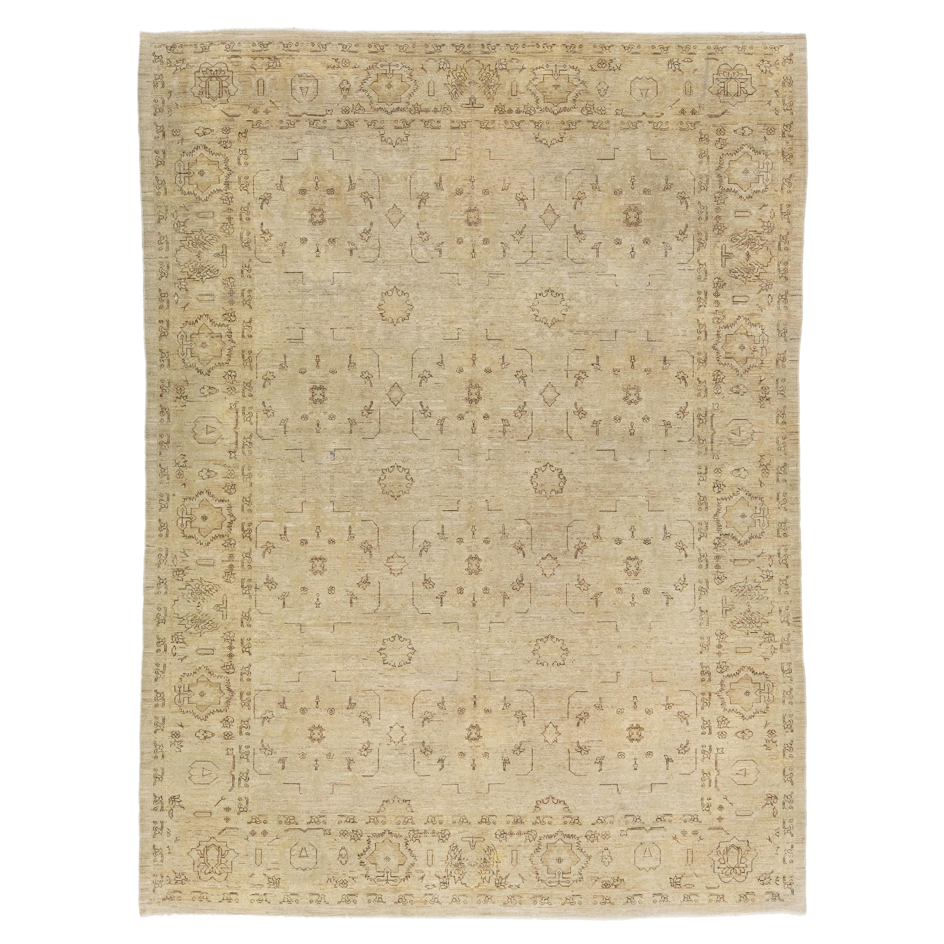 Modern Indian Wool Rug Handmade In Neutral Tones With Allover Pattern For Sale