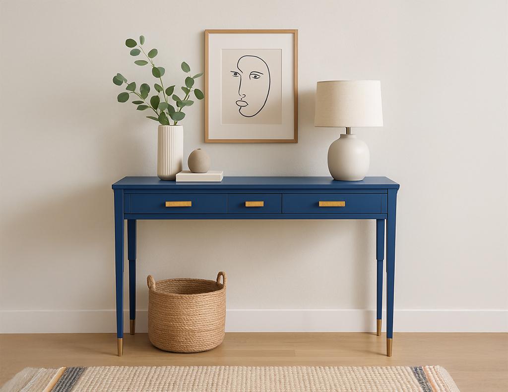 A stunning statement of contemporary American design, this newly crafted console table by the renowned Baker Furniture embodies modern luxury. Its sleek silhouette is defined by gracefully curved sides and slender, tapering legs, all coated in a