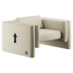 Modern Indoor Outdoor Armchair Upholstered in Beige Outdoor Boucle