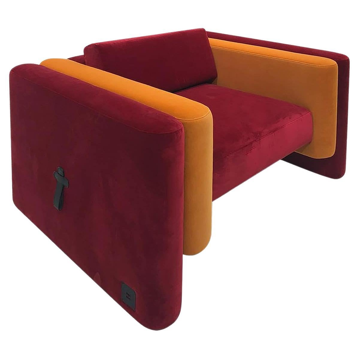 Mid-Centurye Modern Armchair Upholstered in Orange & Dark Red Velvet For Sale