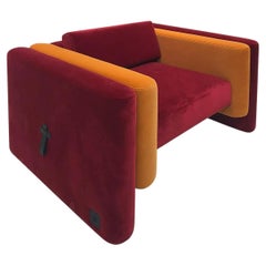 Mid-Centurye Modern Armchair Upholstered in Orange & Dark Red Velvet