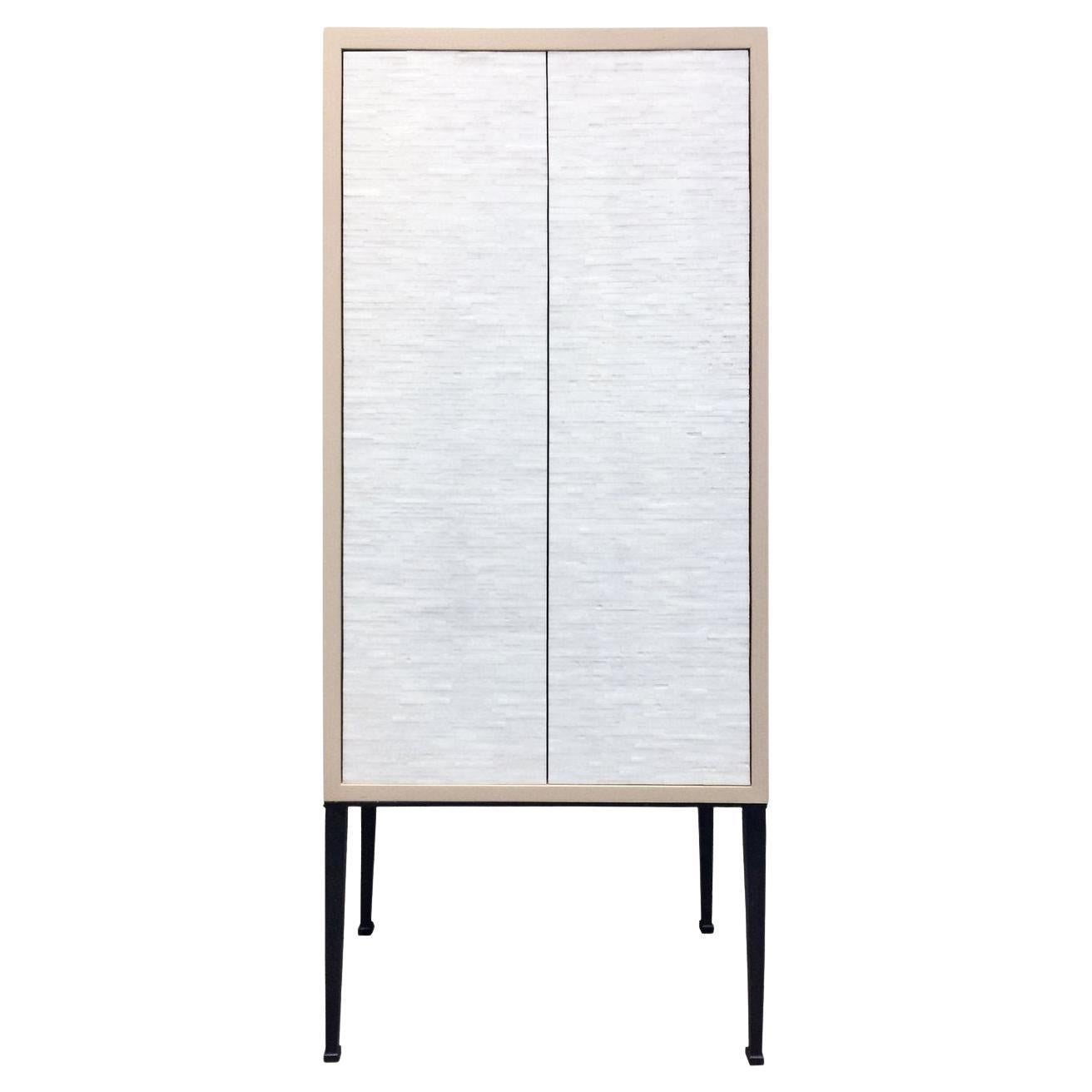 Modern Industrial 2-Door Bar Cabinet with White Glass Mosaic by Ercole Home For Sale