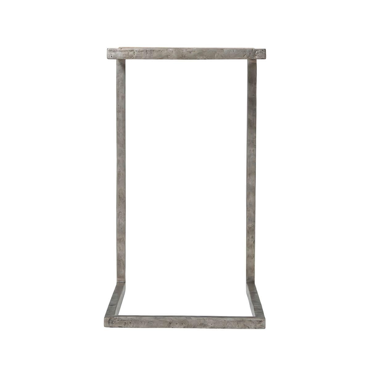 with a rectangular cantilever top, an inset honed Travertine top and a cube form distressed Vintage style metal base.

Dimensions: 12