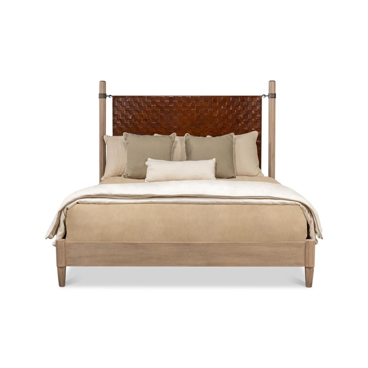 King Size Modern Industrial Bed with hand-woven brown leather headboard with hand forged iron hardware, a natural finish pine veneered frame with octagonal turrets and tapered legs.

Dimensions: 83