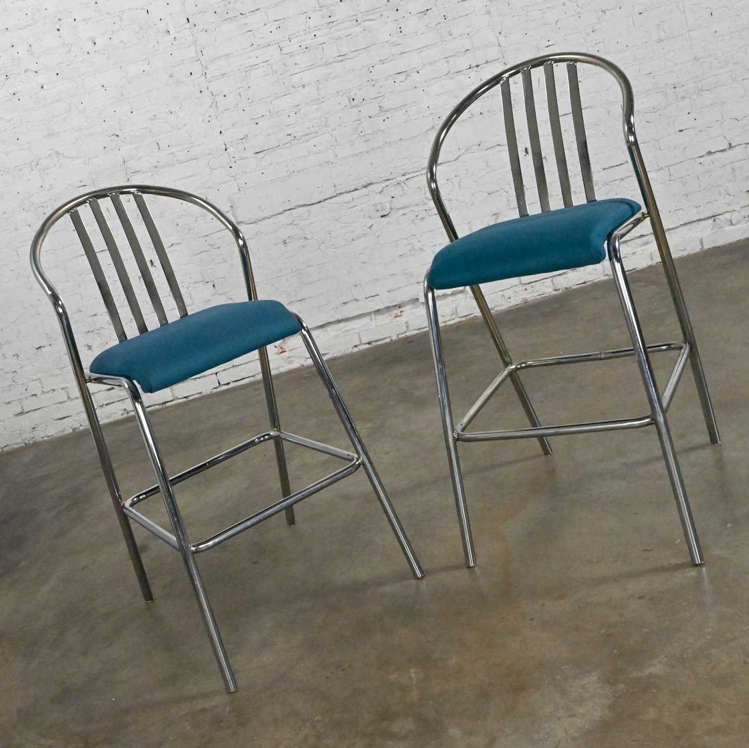 Unknown Modern Industrial Chrome & Blue Fabric Bar Height Barstools a Pair For Sale