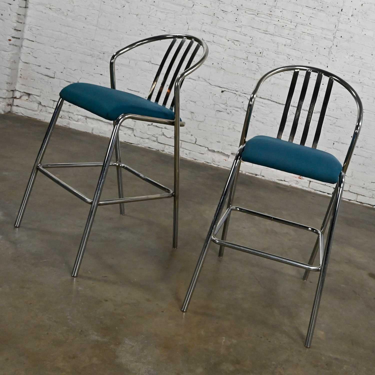 Modern Industrial Chrome & Blue Fabric Bar Height Barstools a Pair In Good Condition For Sale In Topeka, KS