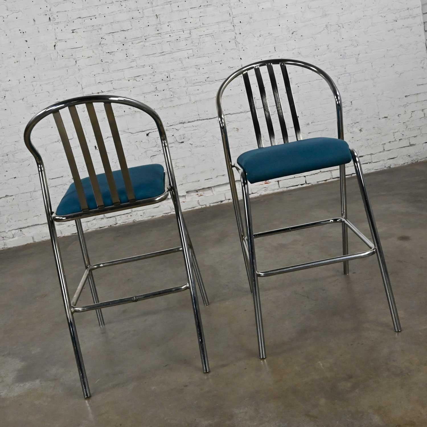 20th Century Modern Industrial Chrome & Blue Fabric Bar Height Barstools a Pair For Sale