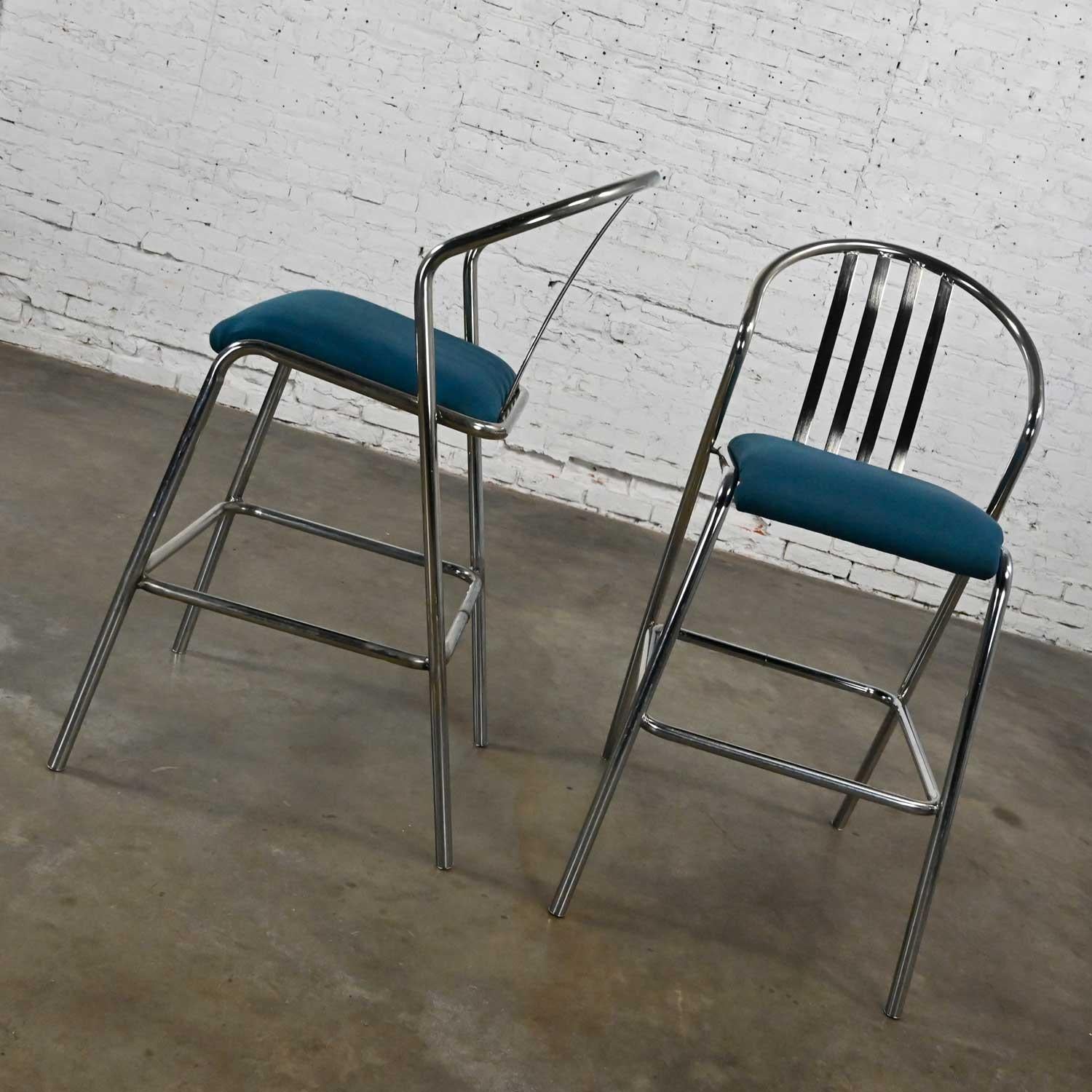 Steel Modern Industrial Chrome & Blue Fabric Bar Height Barstools a Pair For Sale