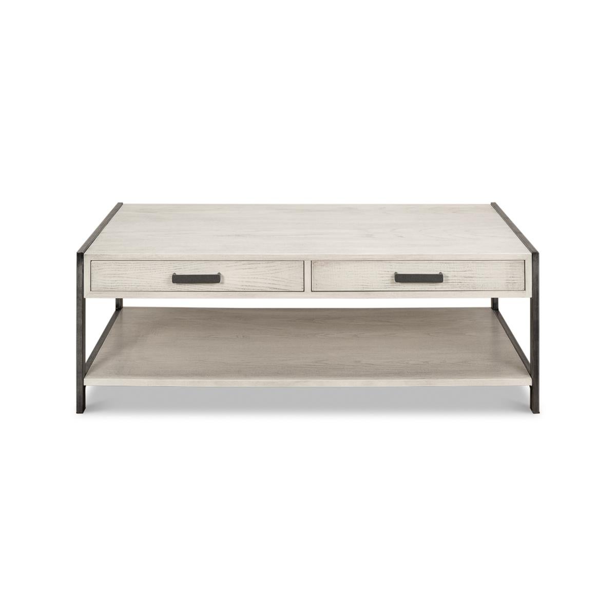 Industrial Coffee Table, birch and ash in an ivory finish with two drawers and a lower tier shelf.

Dimensions: 52