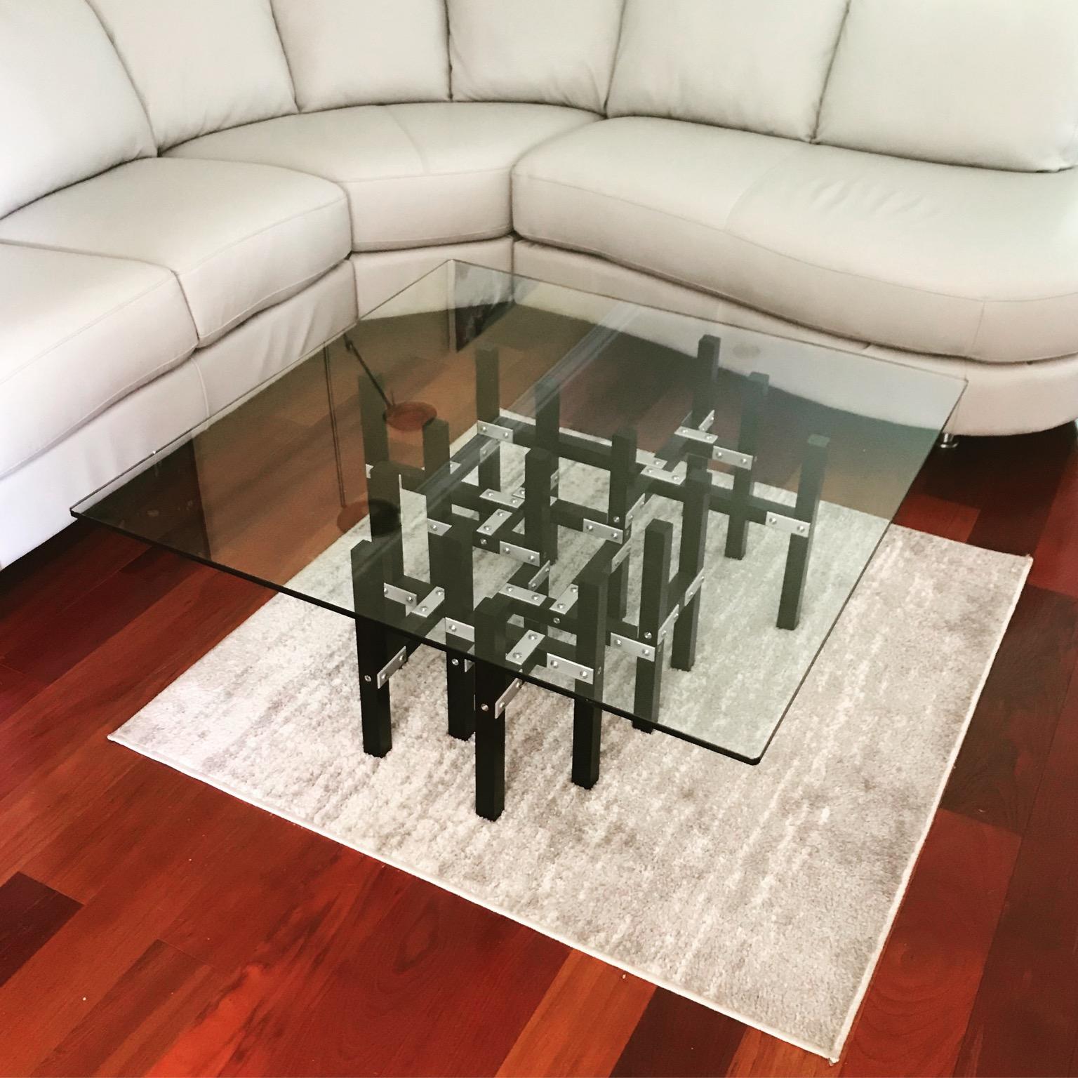 Modern Industrial Coffee Table by Peter Harrison, Glass, Metal and Black Wood In New Condition For Sale In Middle Grove, NY