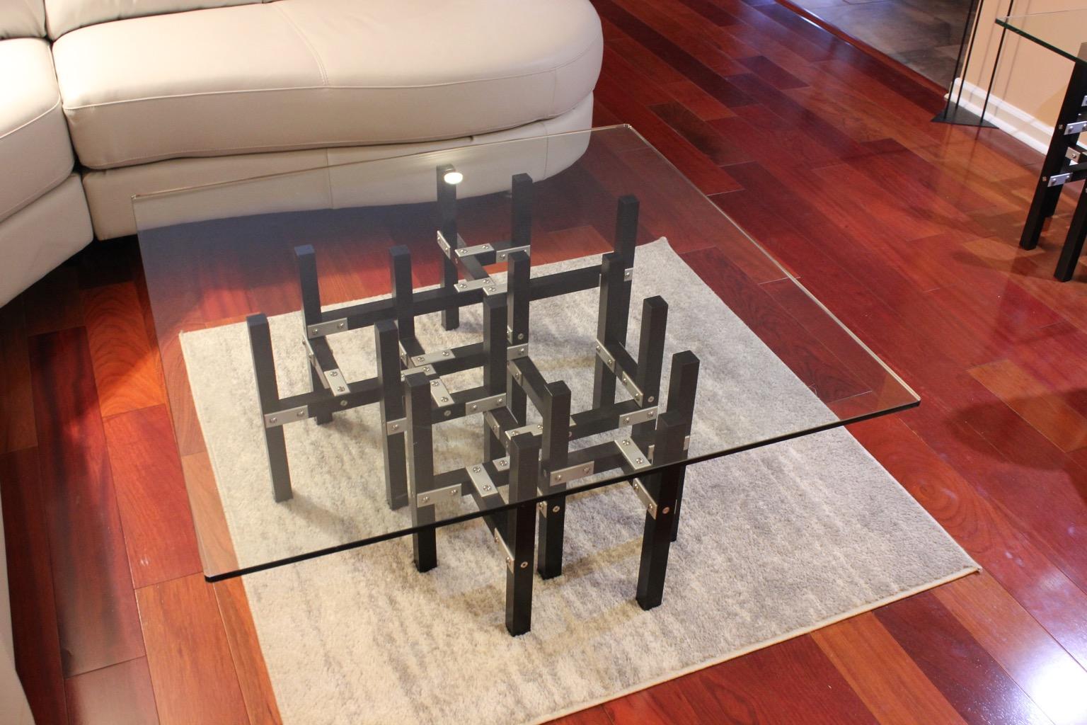 American Modern Industrial Coffee Table by Peter Harrison, Glass, Metal and Black Wood For Sale