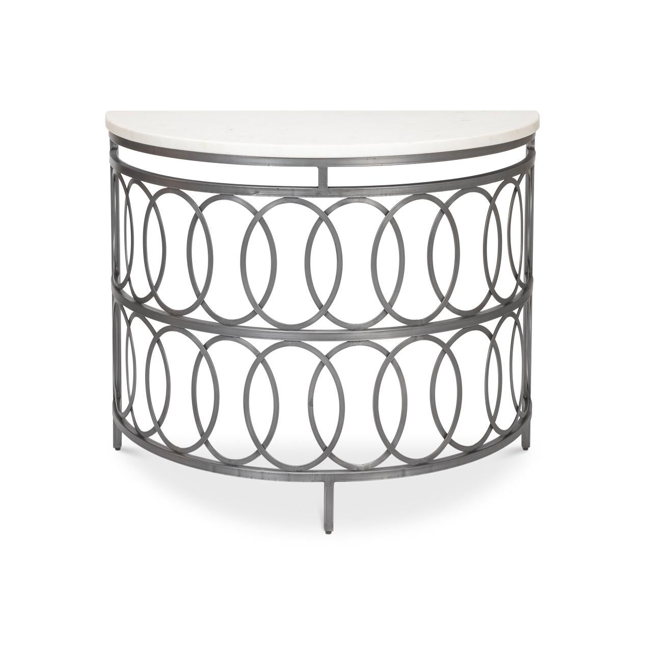 A stunning fusion of Art Deco-inspired elegance and industrial charm. The striking demi-lune shape is framed by a meticulously crafted iron base, featuring an interlocking ring motif that adds geometric sophistication. The sleek, white Banswara