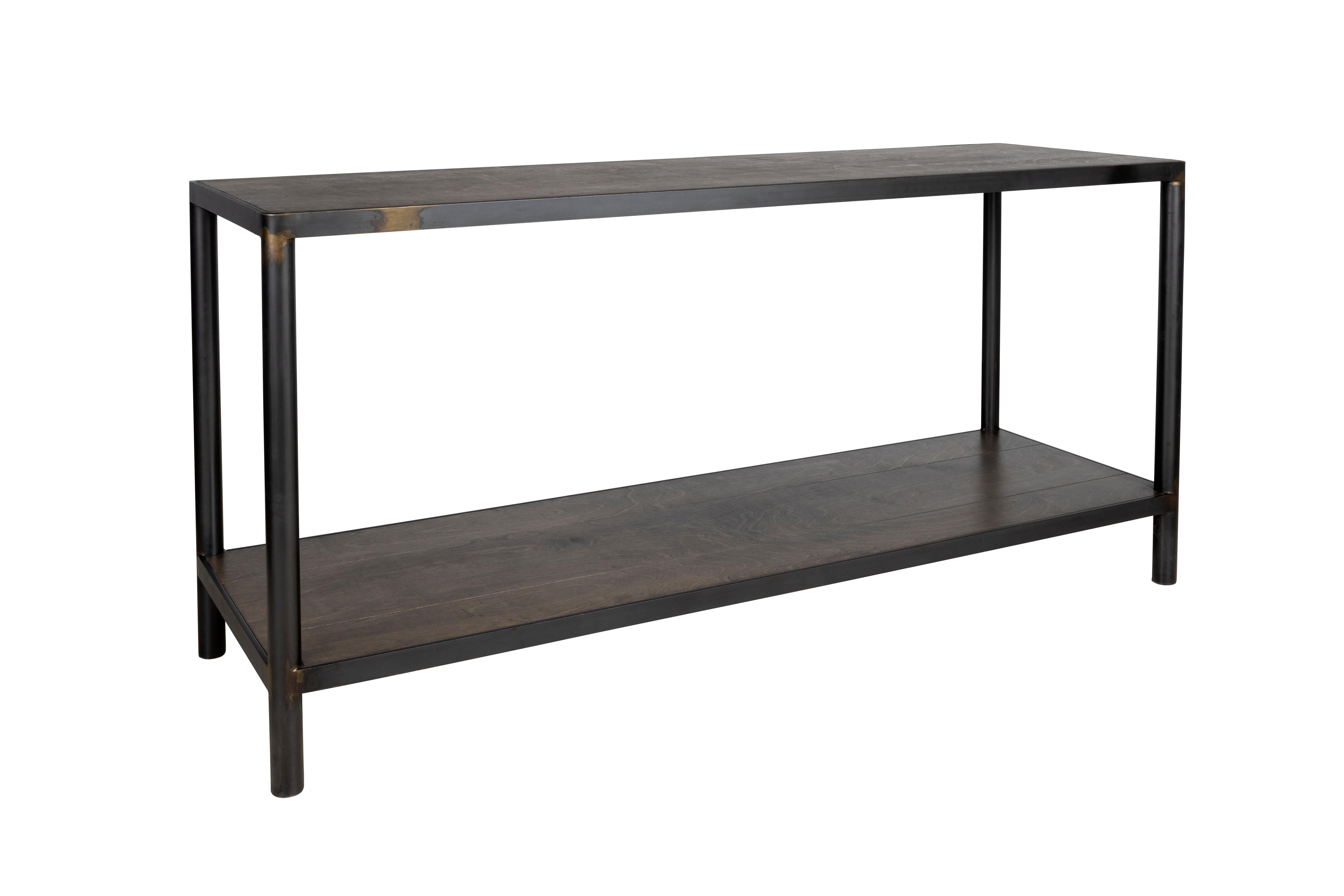 Organic Modern Modern Industrial Console with Argentina Birch Finished Wood and Ebonzied Steel  For Sale