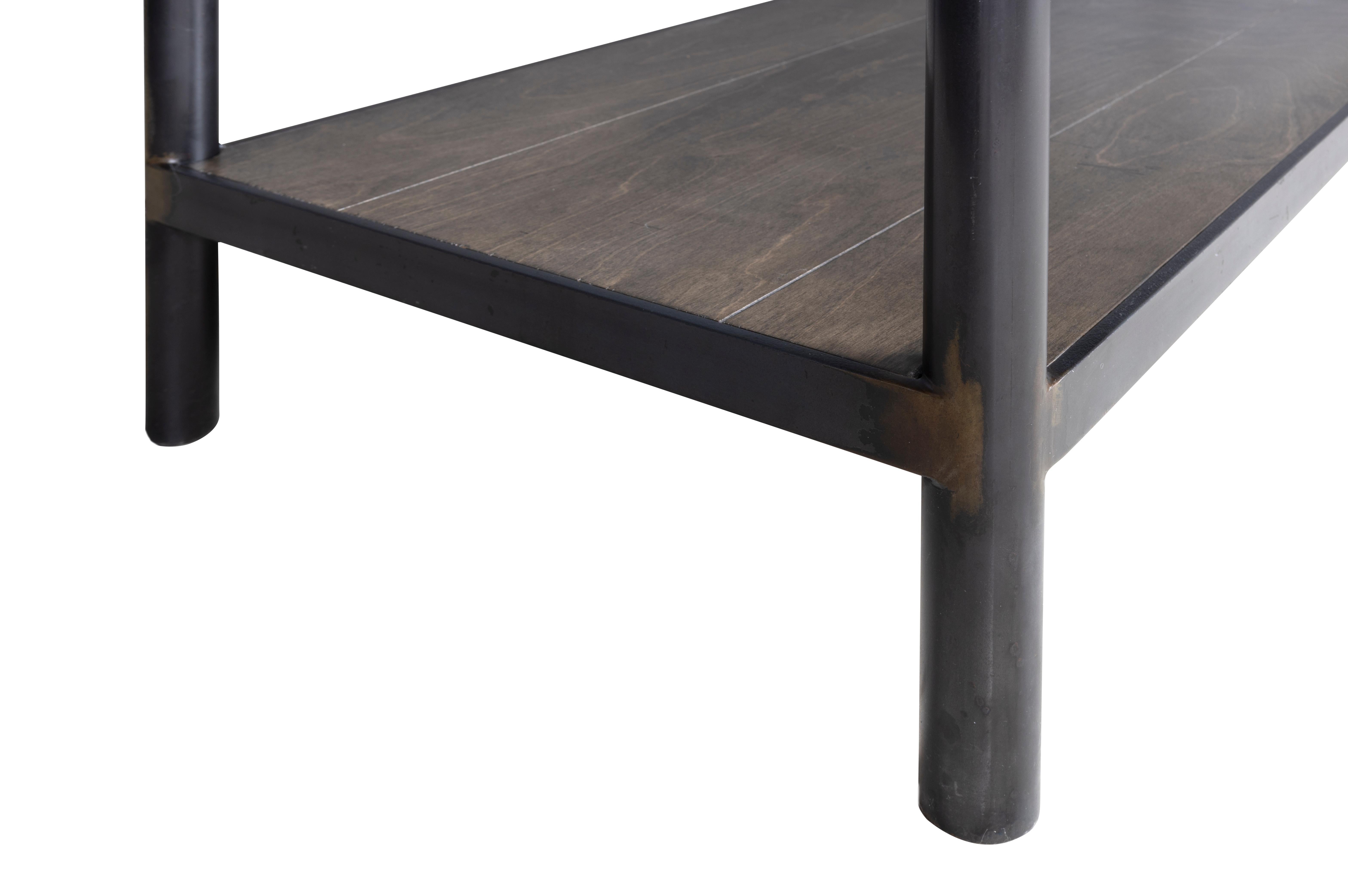 Contemporary Modern Industrial Console with Argentina Birch Finished Wood and Ebonzied Steel  For Sale