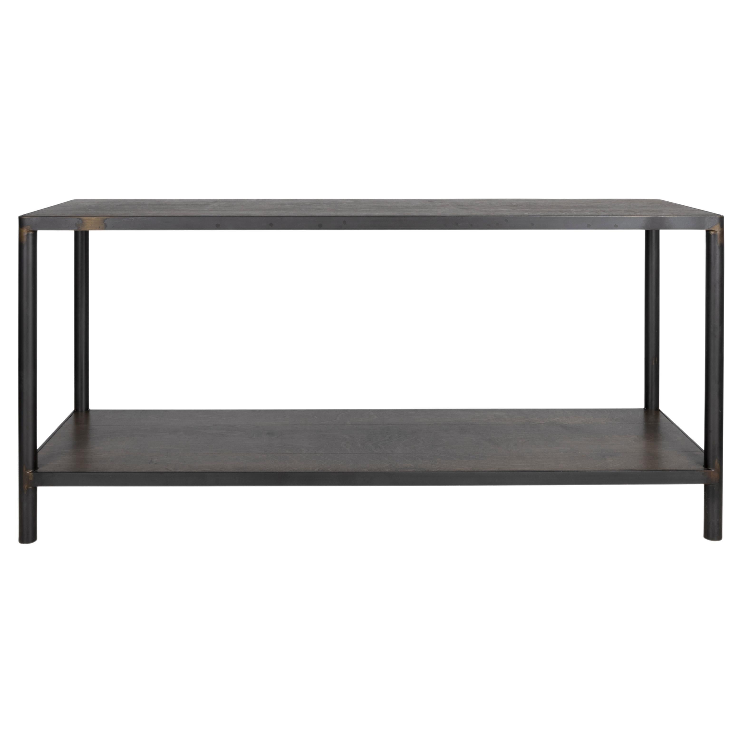 Modern Industrial Console with Argentina Birch Finished Wood and Ebonzied Steel  For Sale