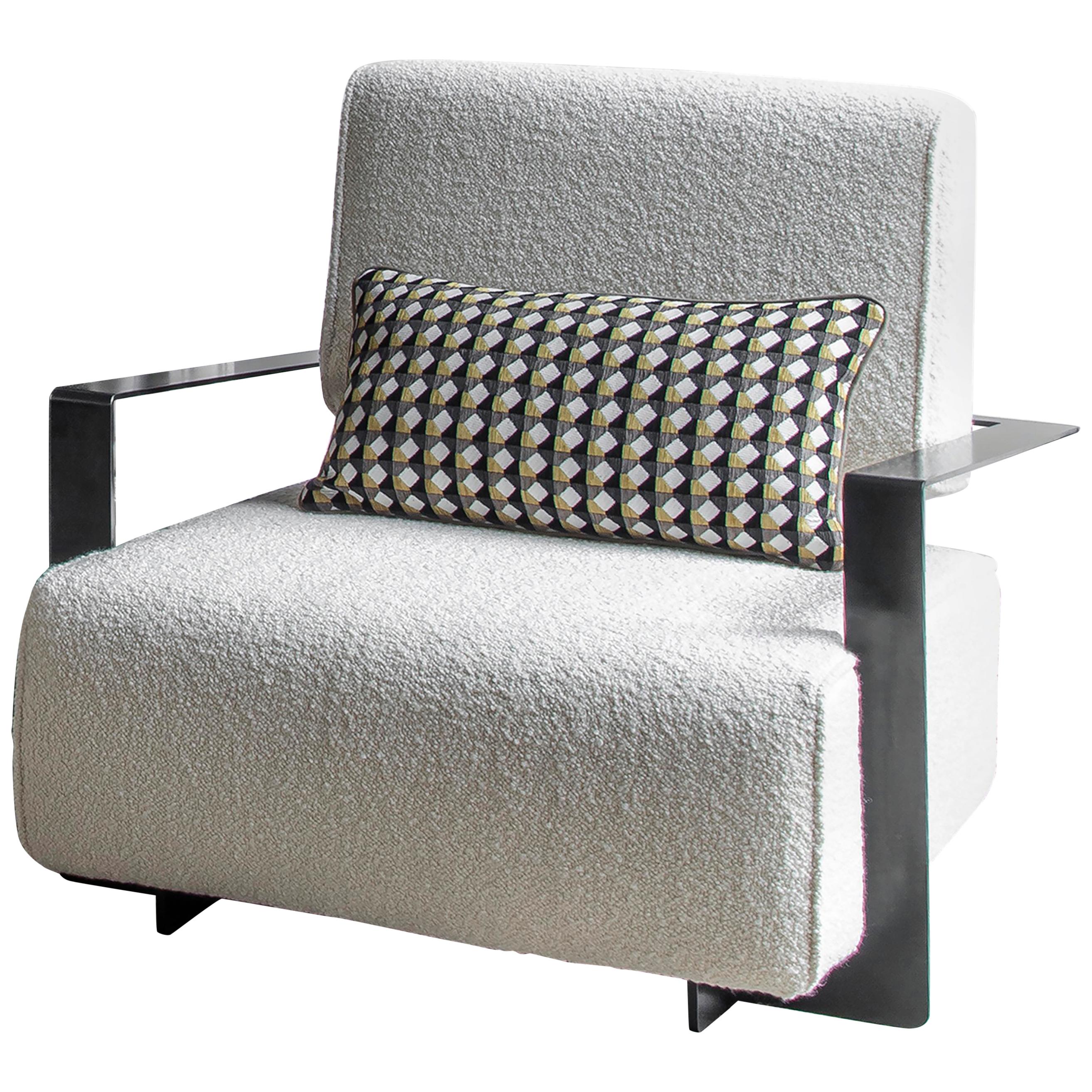 Modern Industrial Cronos II Armchair in Steel Structure and Luxe Bouclé