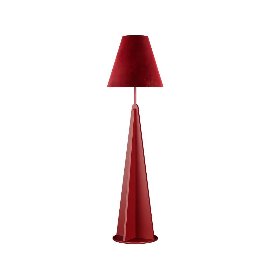 Modern Industrial Floor Lamp Geometric Base Red Brown Lacquer Velvet Lamp Shade In New Condition For Sale In Porto, Vila Nova de Gaia