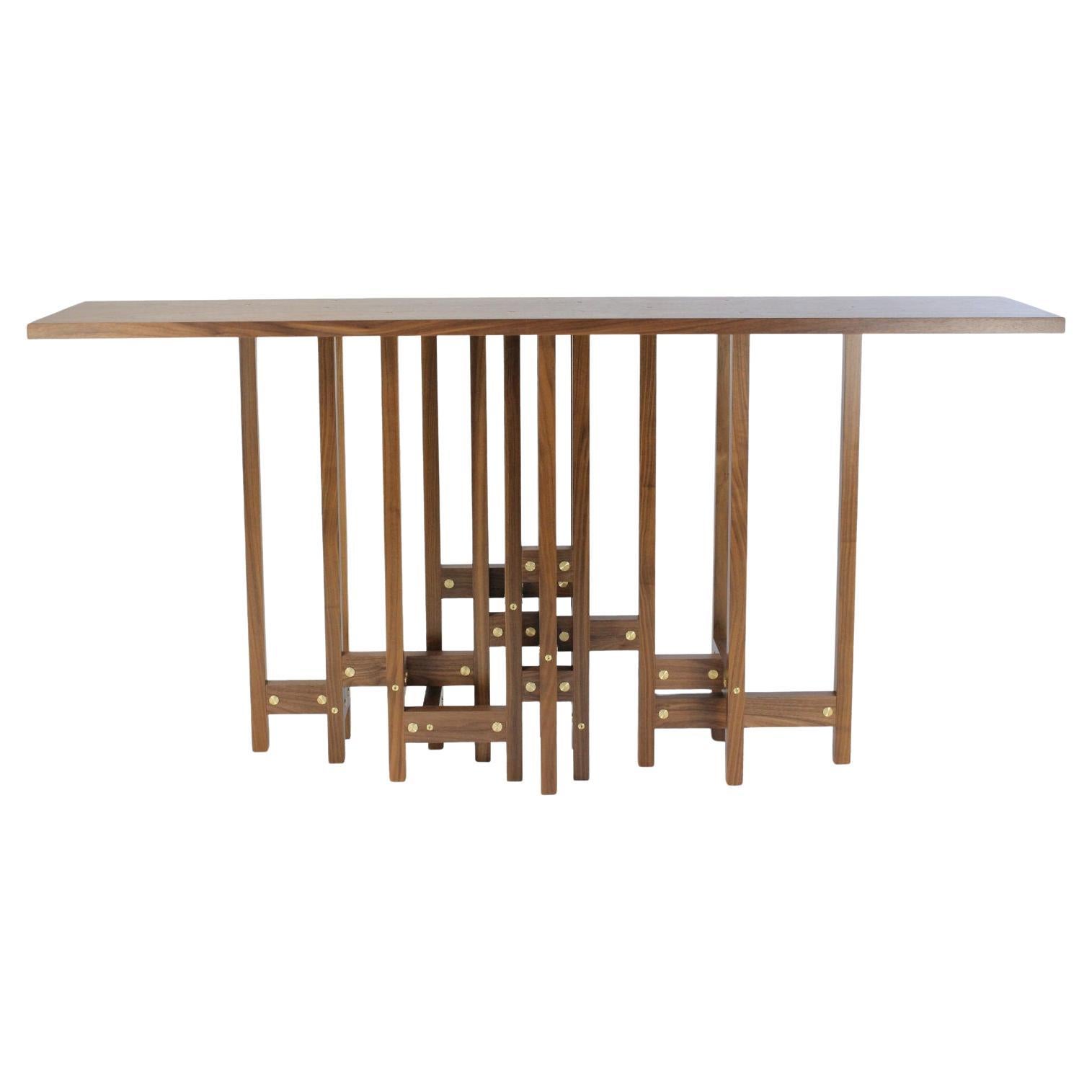 Modern Industrial Geometric Hall Table by Peter Harrison, Brass and Walnut For Sale