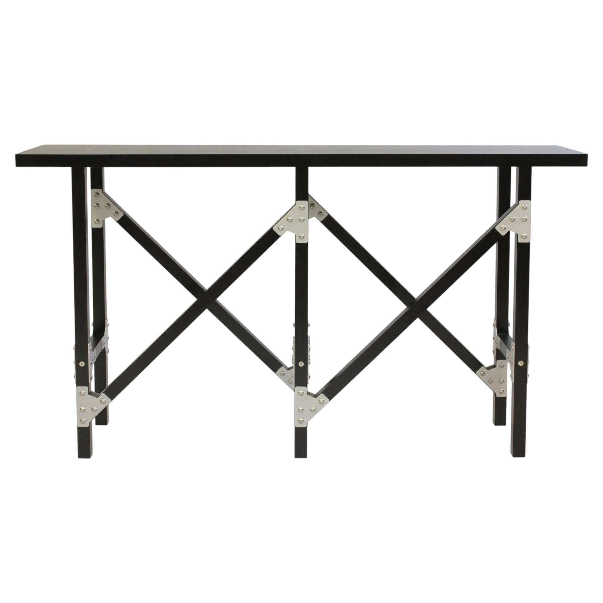 Modern Industrial Hall Table by Peter Harrison in Black Wood with Metal Brackets