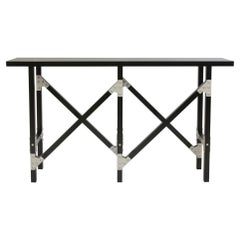 Modern Industrial Hall Table by Peter Harrison in Black Wood with Metal Brackets