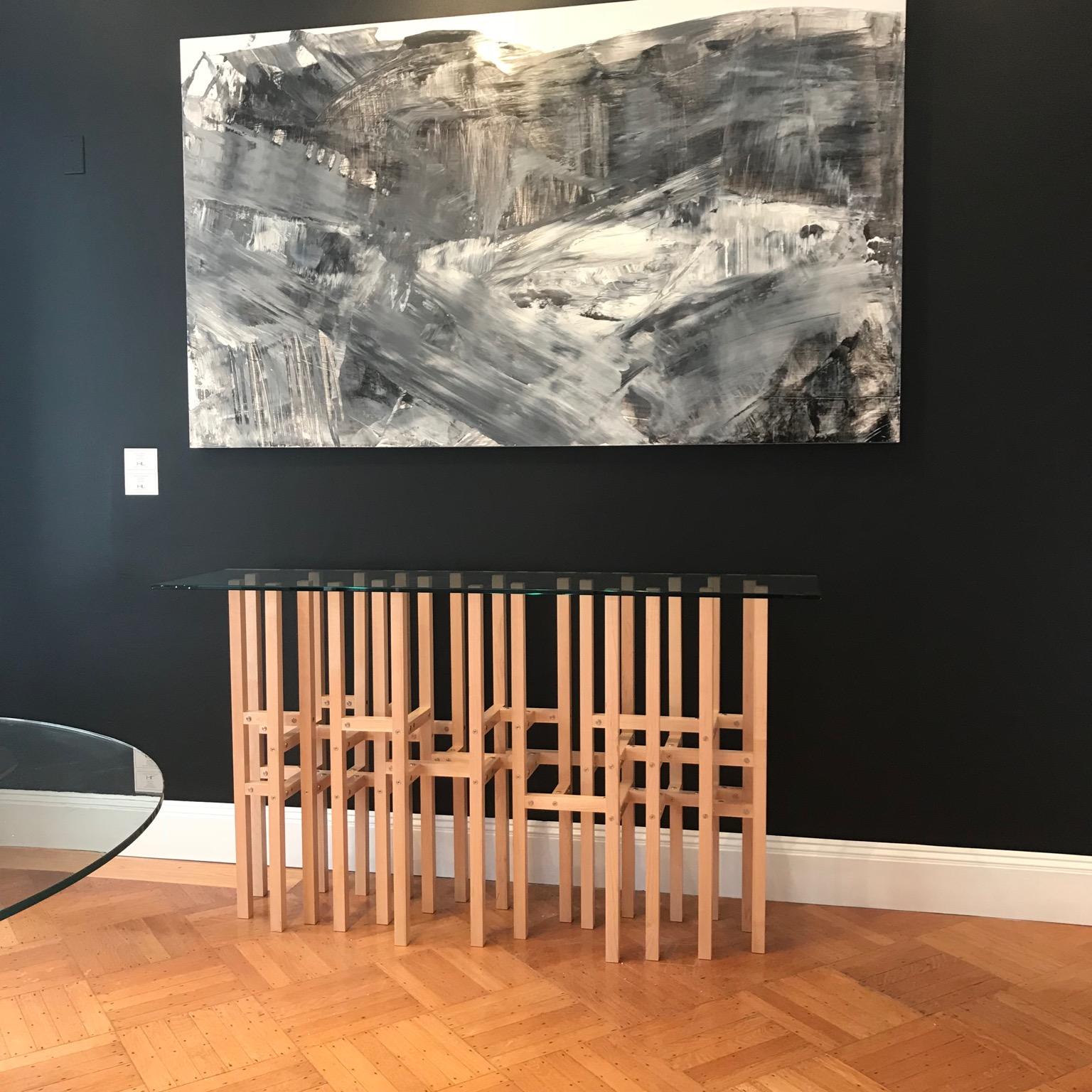 Modern Industrial Hall Table with Glass Top Metal & Maple Wood In New Condition In Middle Grove, NY