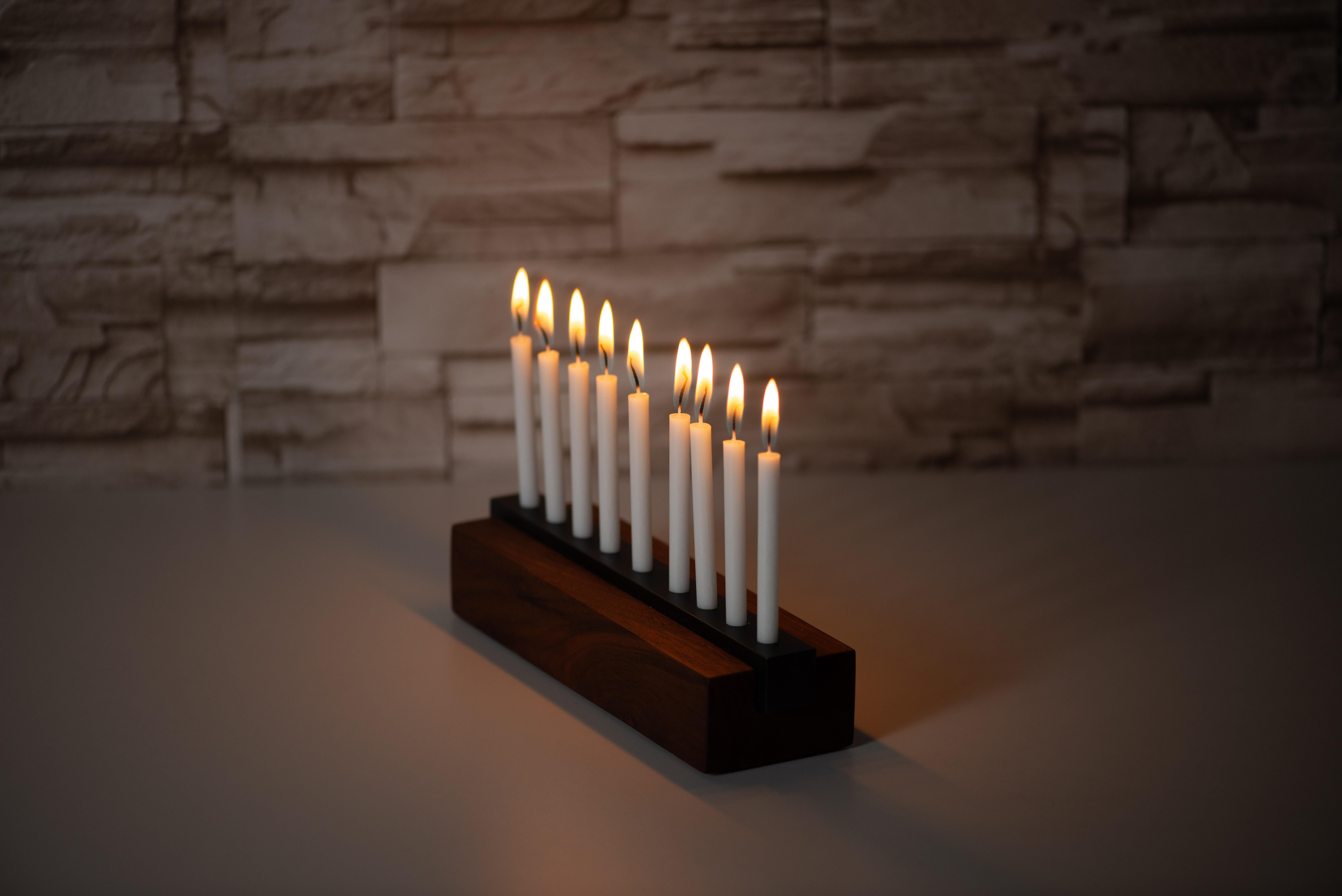 Modern Industrial Menorah in Walnut Wood and Steel For Sale 3