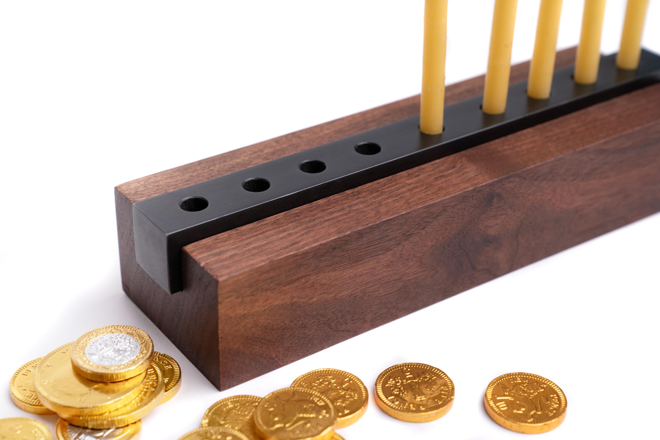 Polished Modern Industrial Menorah in Walnut Wood and Steel