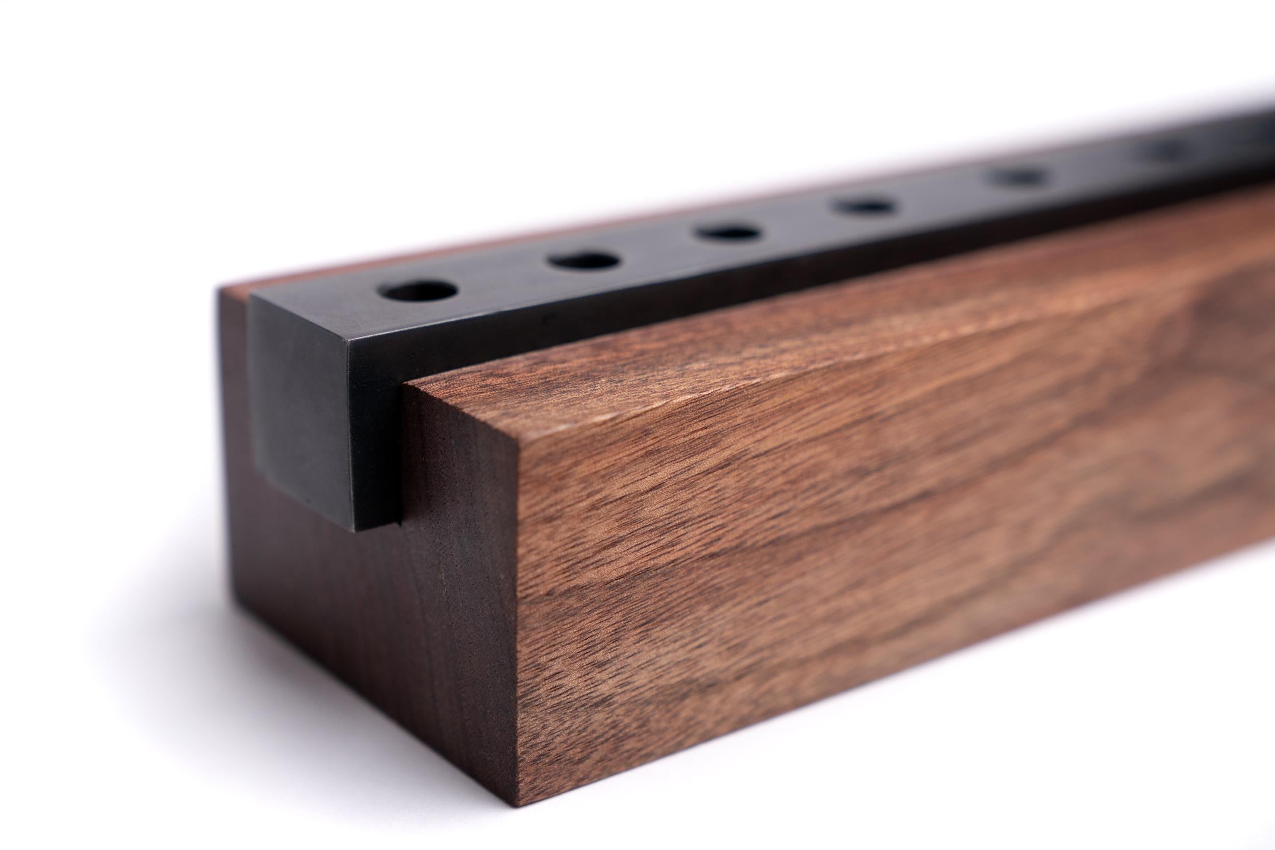 Polished Modern Industrial Menorah in Walnut Wood and Steel For Sale