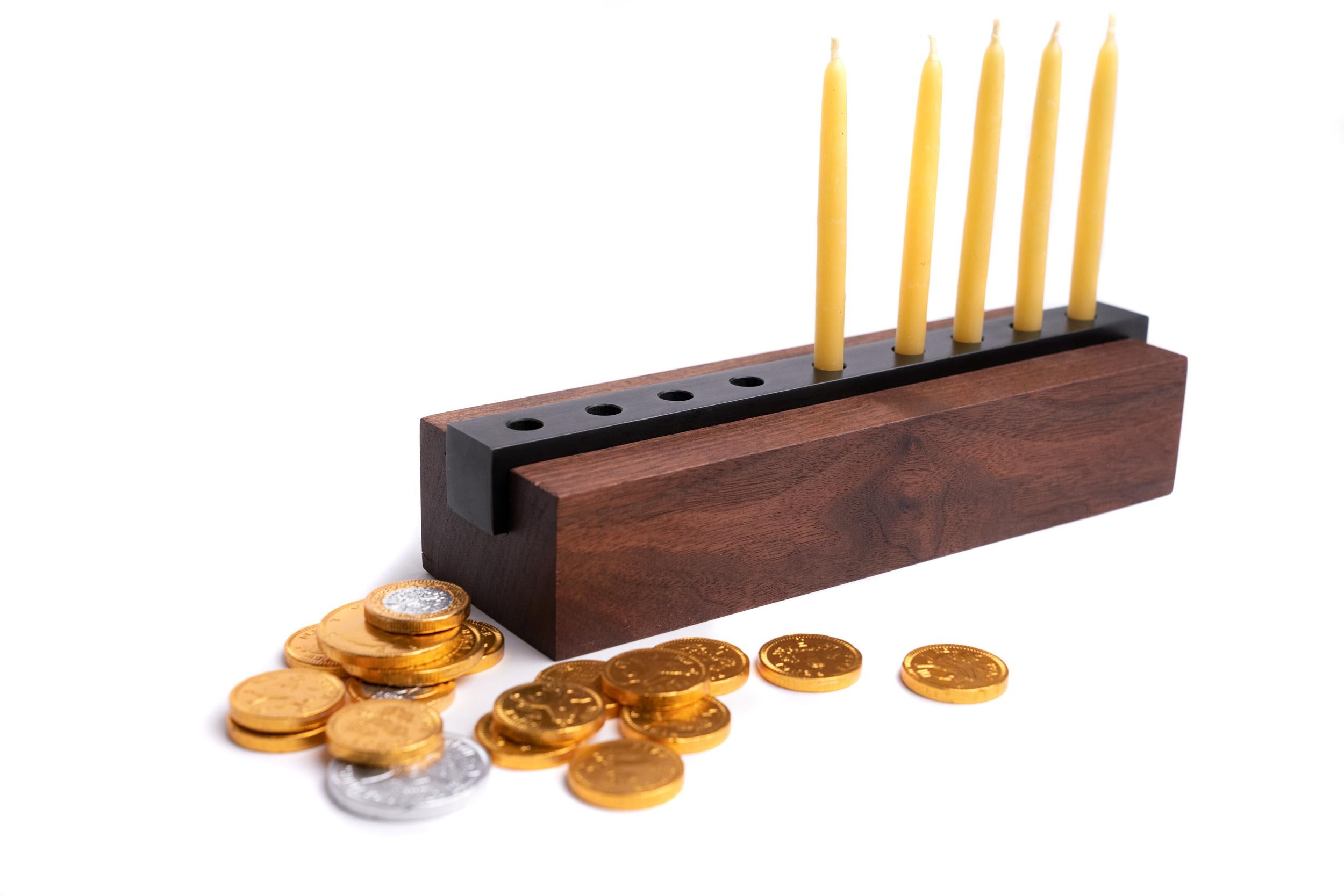 Modern Industrial Menorah in Walnut Wood and Steel In New Condition For Sale In Birmingham, AL