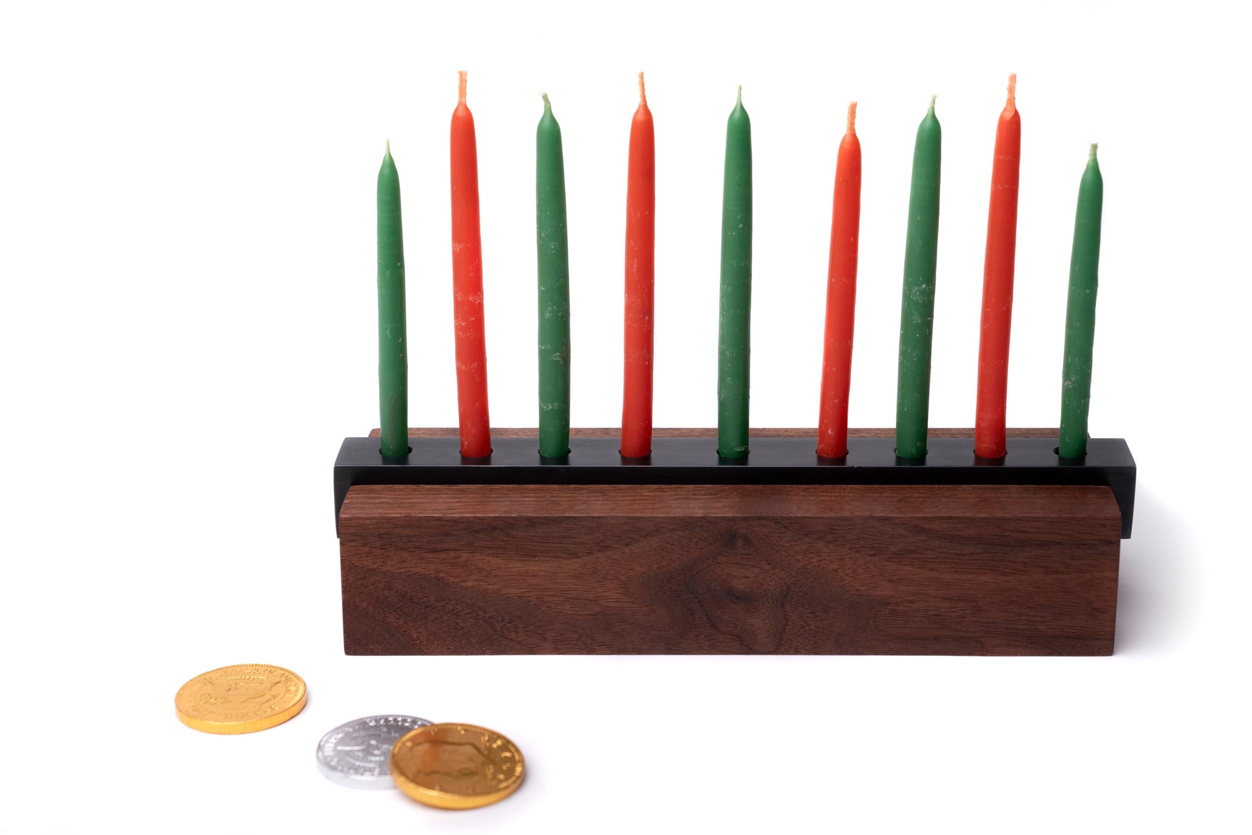 Contemporary Modern Industrial Menorah in Walnut Wood and Steel