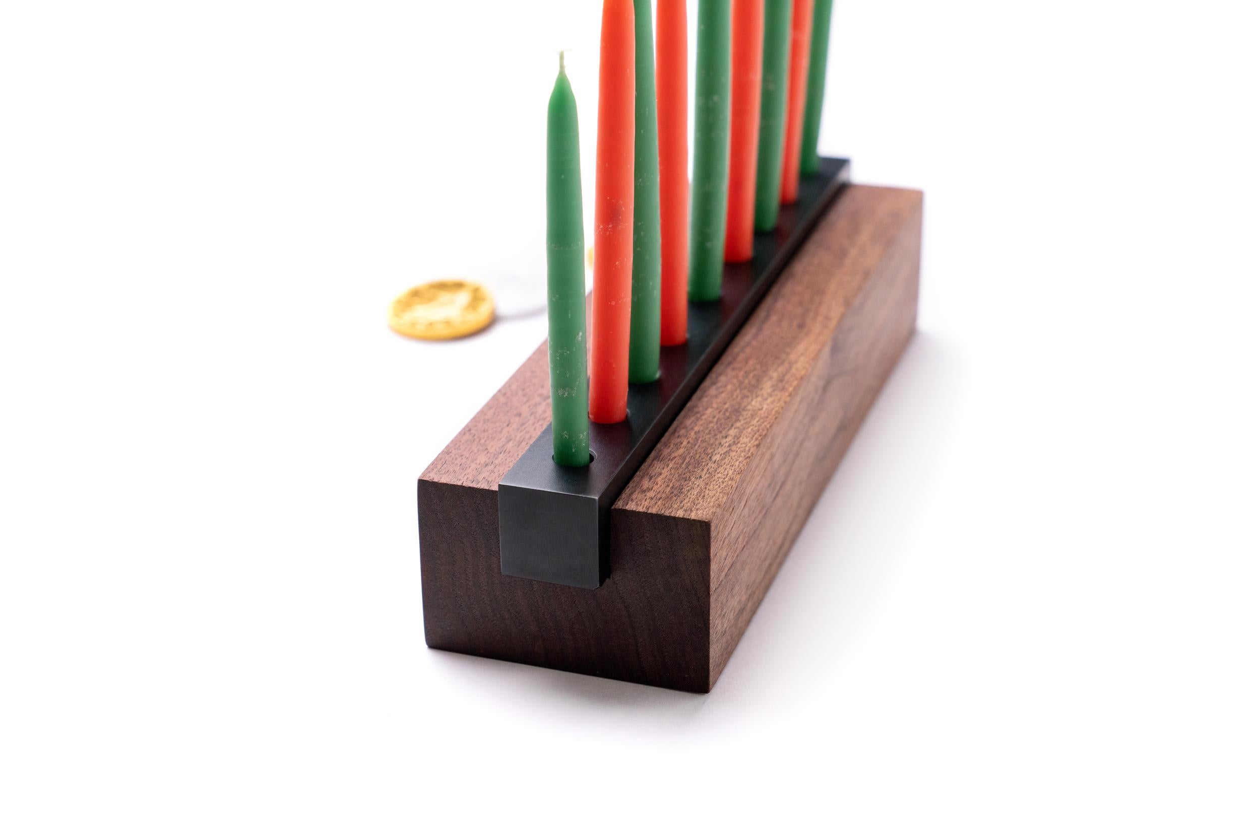 Modern Industrial Menorah in Walnut Wood and Steel For Sale 1