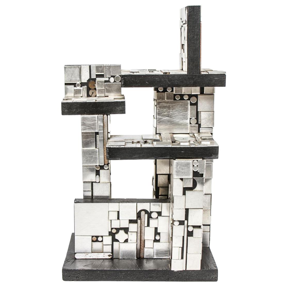 Modern Industrial Metal and Wood Tabletop Sculpture