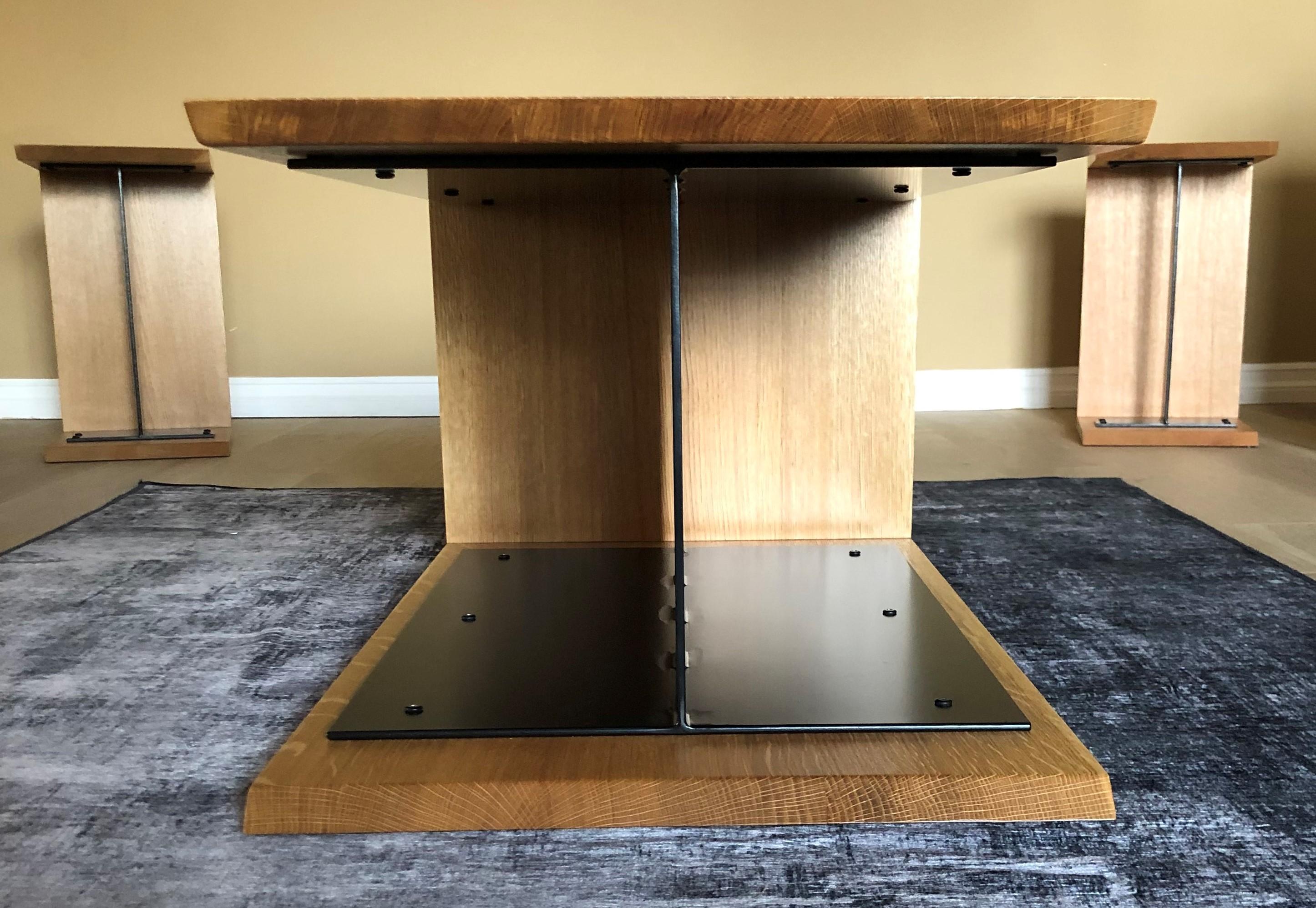 This coffee table from Carlo Stenta’s I-beam & oak table collection seamlessly unites industrial with modern. The utilitarian I-beam support is custom fabricated of ½” thick solid steel plate. Flawlessly welded and delicately refined in a black