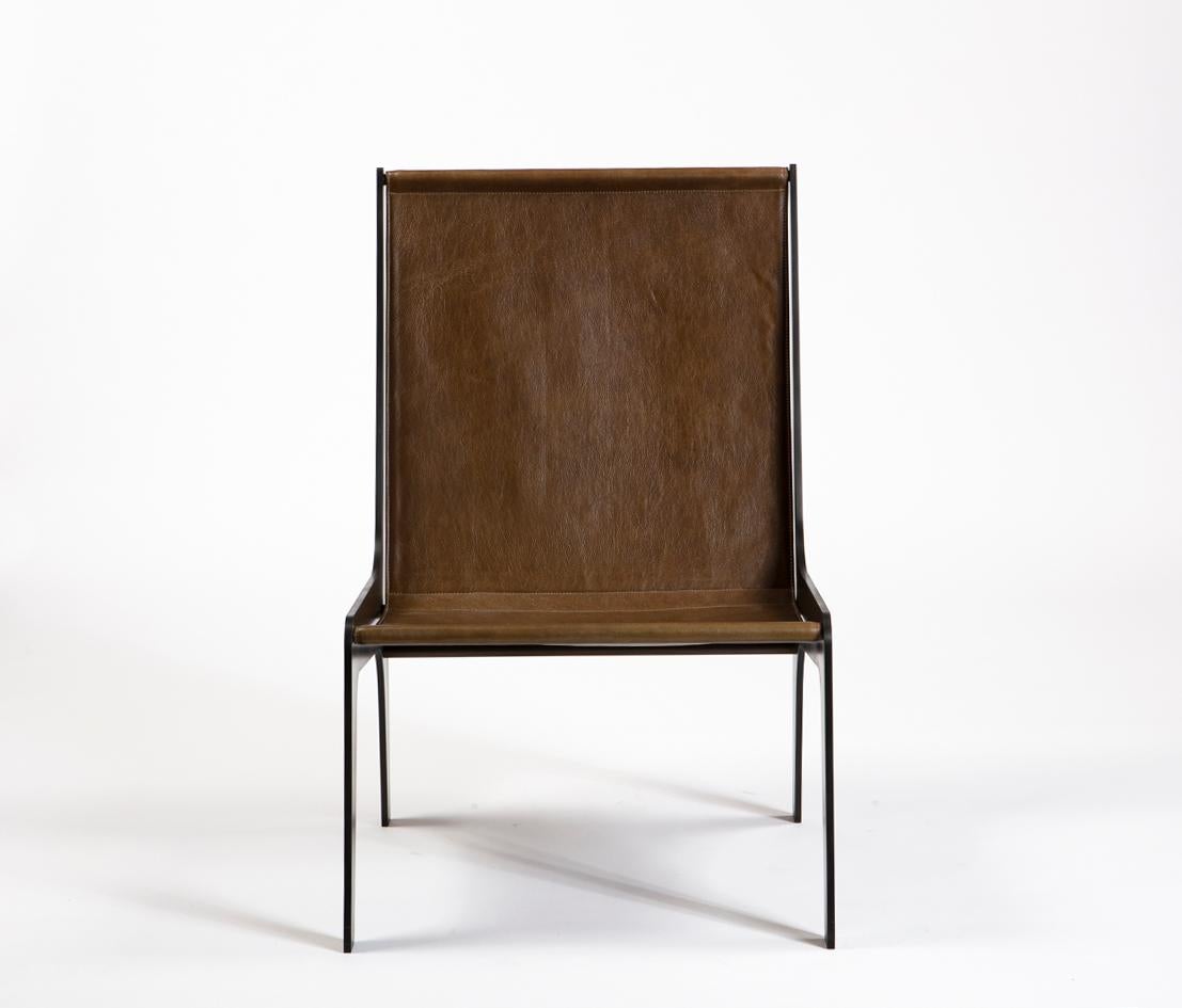 Moderner moderner industrieller H-Stuhl aus grünem Leder und Metall (amerikanisch) im Angebot