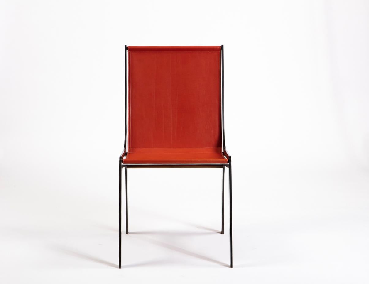 American Modern Industrial Red Leather Metal 'H' Chair For Sale